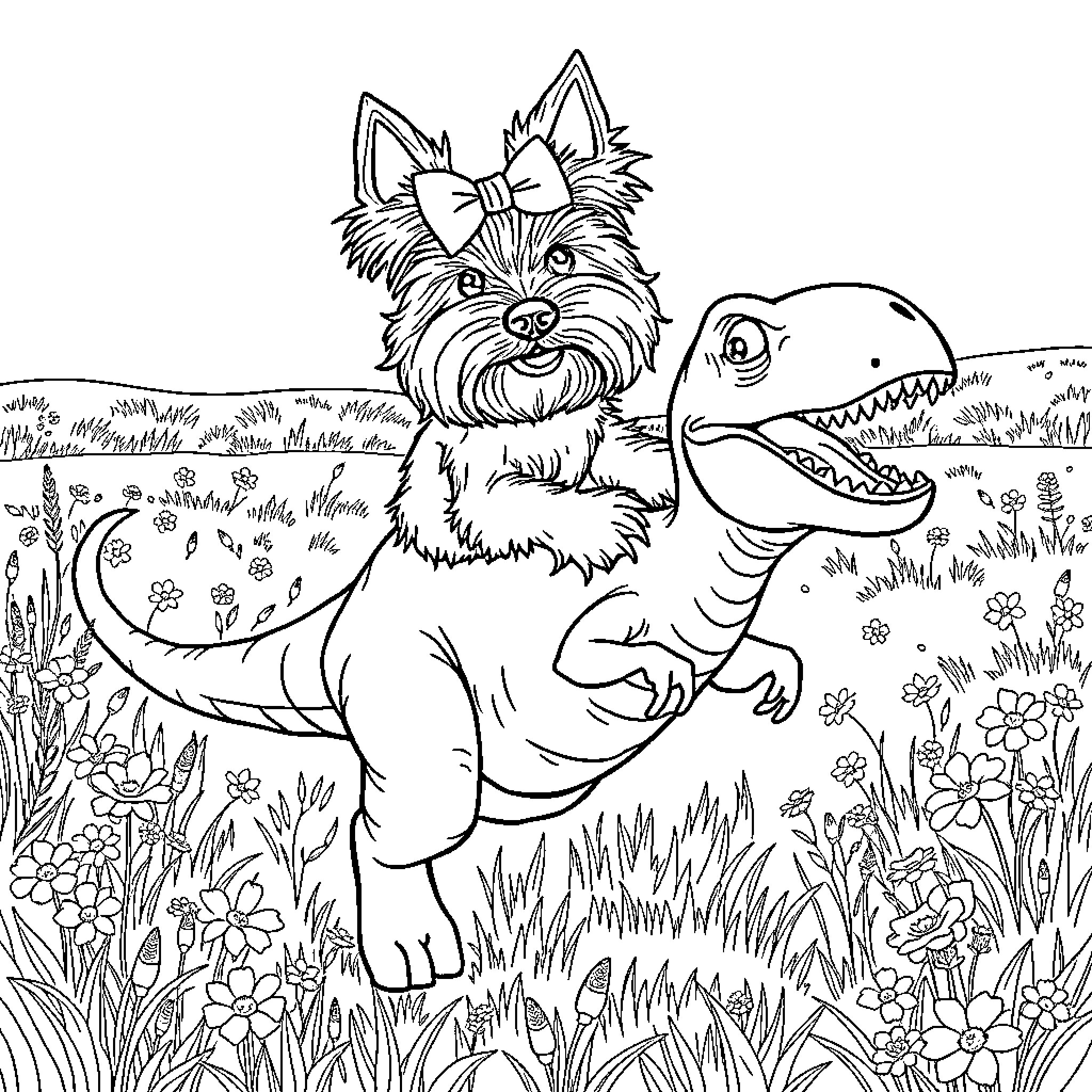 Yorkshire Terrier playing with dinosaur in a garden Coloring Page (free black-and-white line drawing printable PDF for all, from beginners to advanced learners, including children, teens, adults, and seniors)