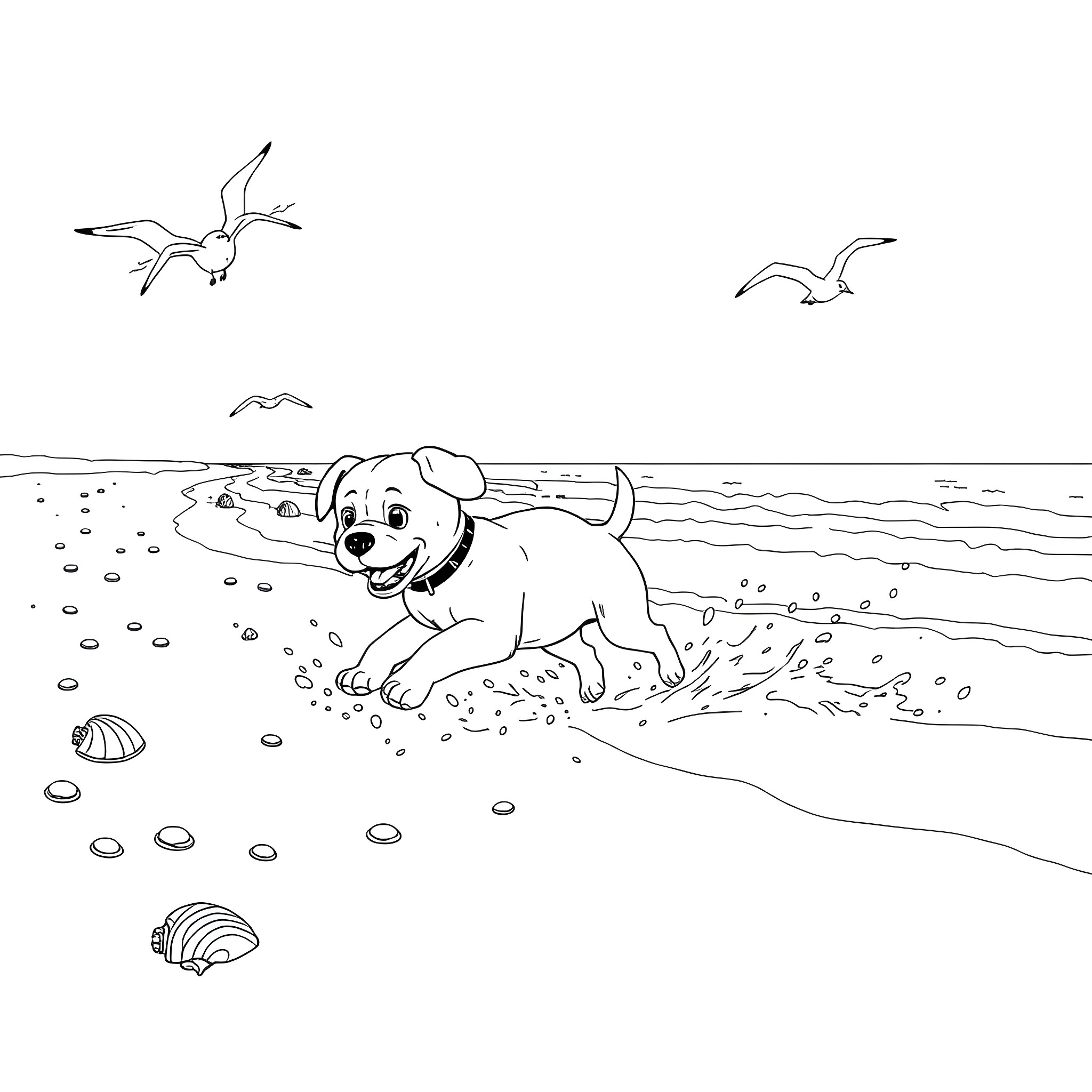 Puppy playing happily on the beach Coloring Page (free black-and-white line drawing printable PDF for all, from beginners to advanced learners, including children, teens, adults, and seniors)