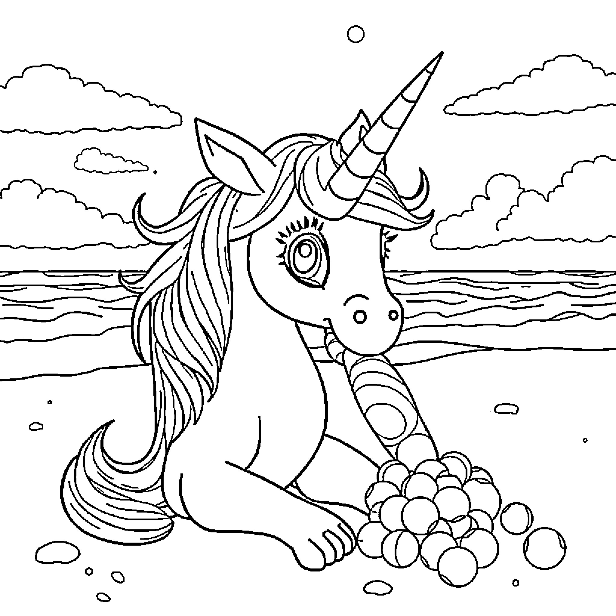 Unicorn gazing at the ocean near the clouds Coloring Page (free black-and-white line drawing printable PDF for all, from beginners to advanced learners, including children, teens, adults, and seniors)