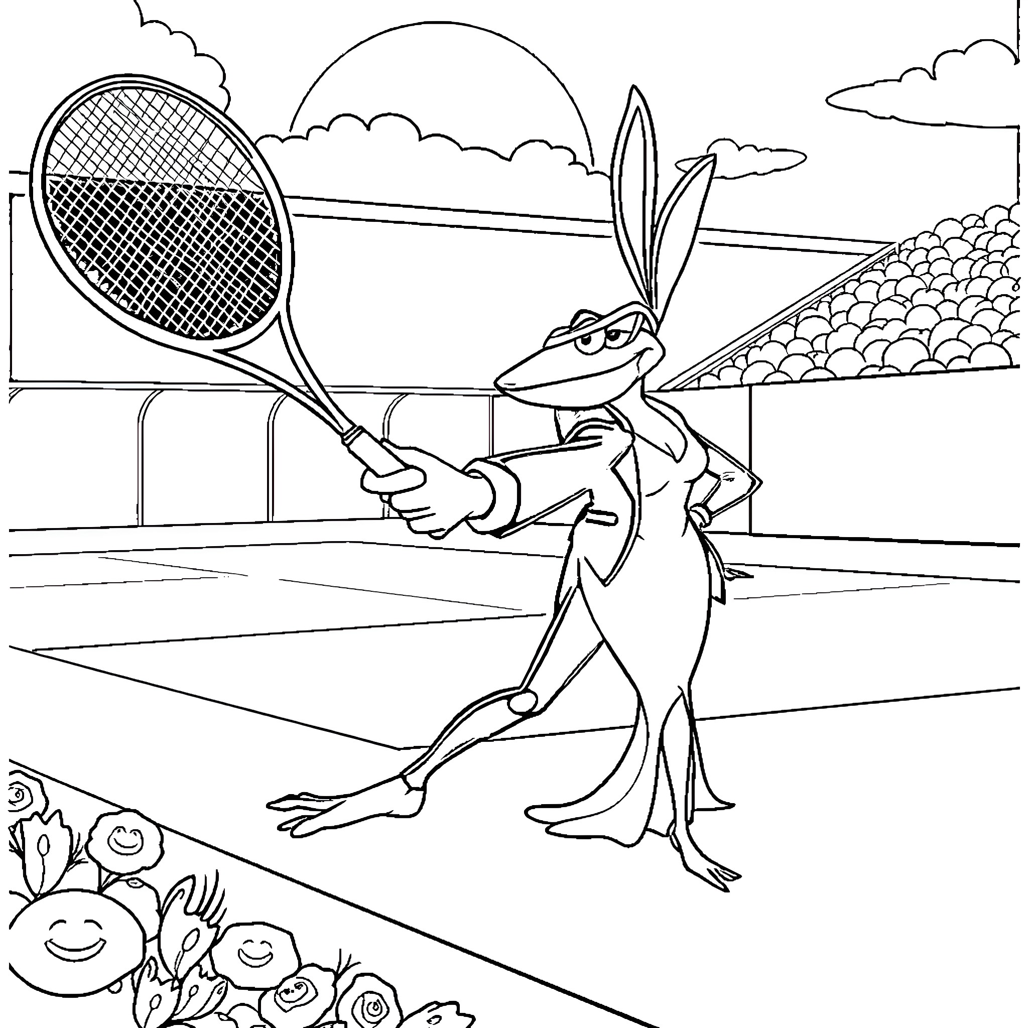 Frog playing tennis on the court Coloring Page (free black-and-white line drawing printable PDF for all, from beginners to advanced learners, including children, teens, adults, and seniors)