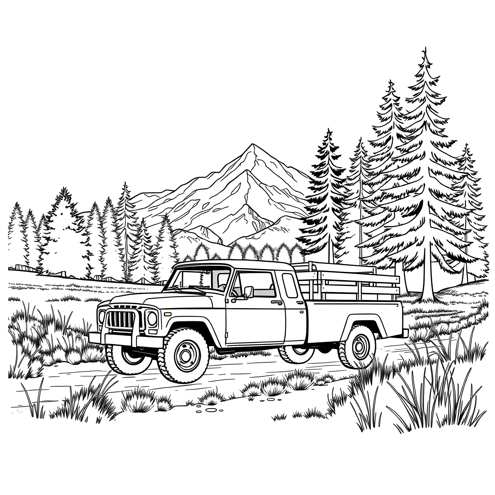 Truck traversing scenic mountain landscape Coloring Page (free black-and-white line drawing printable PDF for all, from beginners to advanced learners, including children, teens, adults, and seniors)