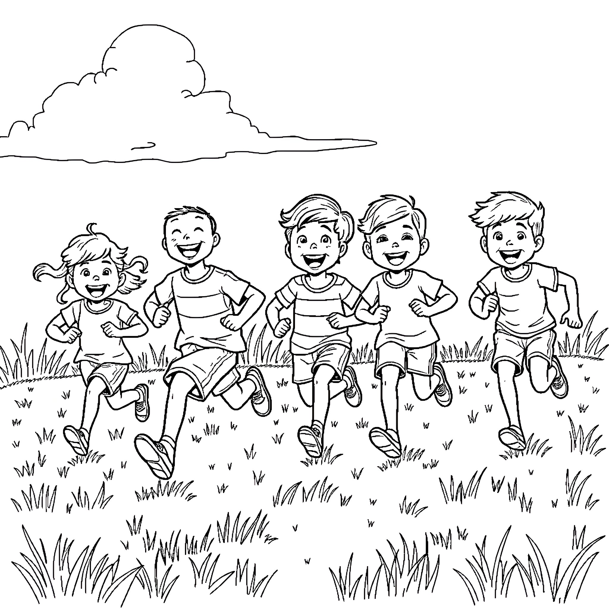 Kid friends playing joyfully in the meadow Coloring Page (free black-and-white line drawing printable PDF for all, from beginners to advanced learners, including children, teens, adults, and seniors)