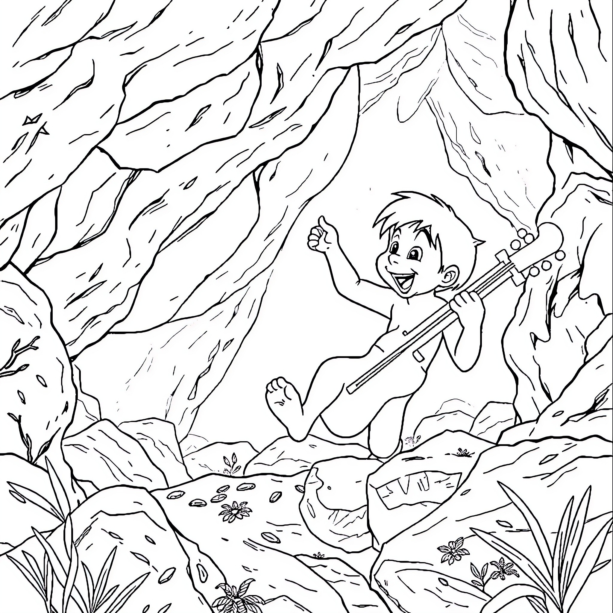 Mowgli's Jungle Adventure Coloring Page (free black-and-white line drawing printable PDF for all, from beginners to advanced learners, including children, teens, adults, and seniors)