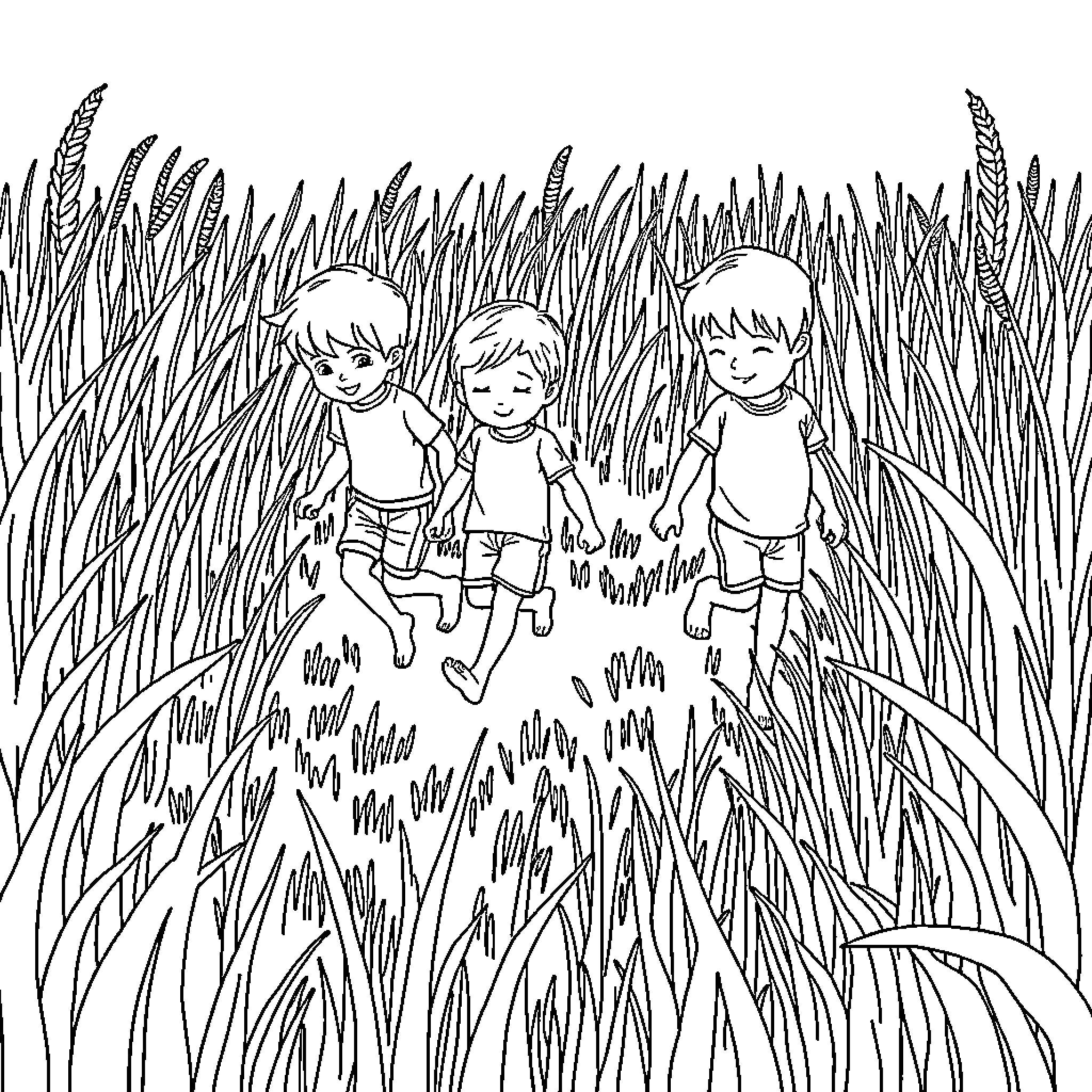 Kid Playing in Tall Grass with Friends Coloring Page (free black-and-white line drawing printable PDF for all, from beginners to advanced learners, including children, teens, adults, and seniors)
