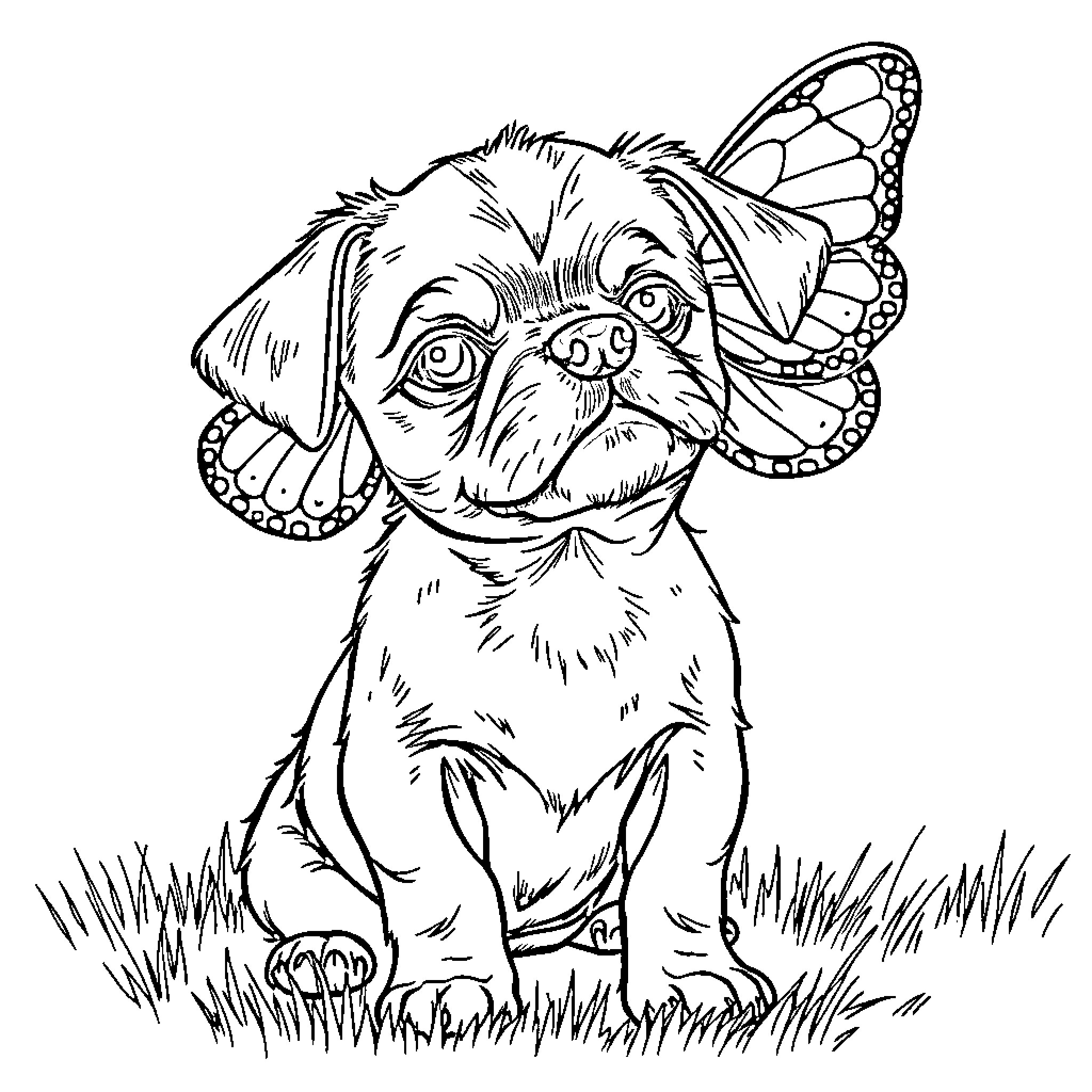 Dog with butterfly wings posing in the grass Coloring Page (free black-and-white line drawing printable PDF for all, from beginners to advanced learners, including children, teens, adults, and seniors)