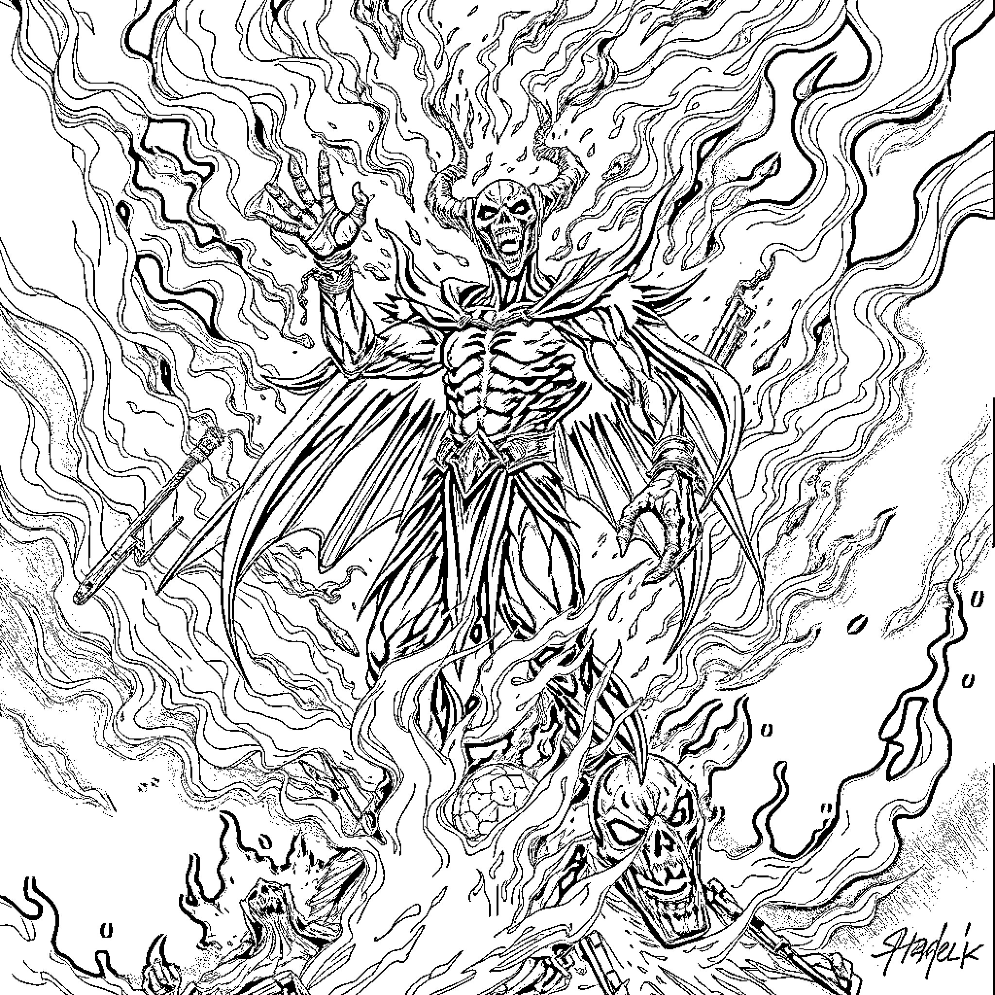 Spawn emerging from hellfire Coloring Page (free black-and-white line drawing printable PDF for all, from beginners to advanced learners, including children, teens, adults, and seniors)