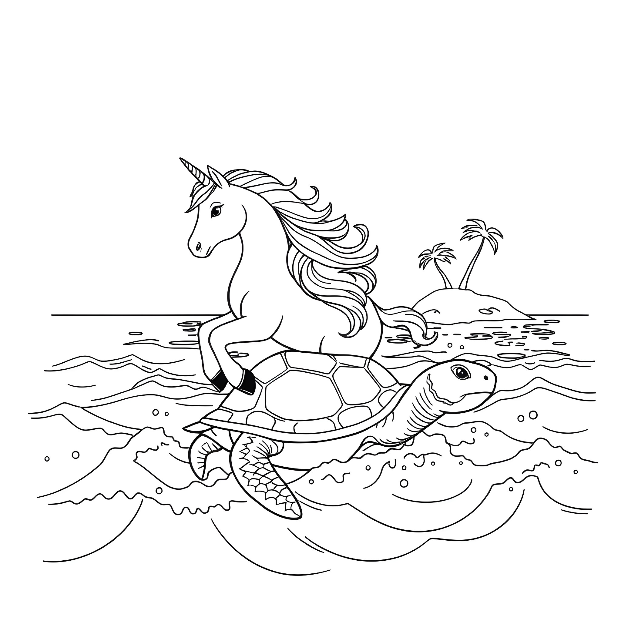 Unicorn riding a sea turtle in a tropical paradise Coloring Page (free black-and-white line drawing printable PDF for all, from beginners to advanced learners, including children, teens, adults, and seniors)