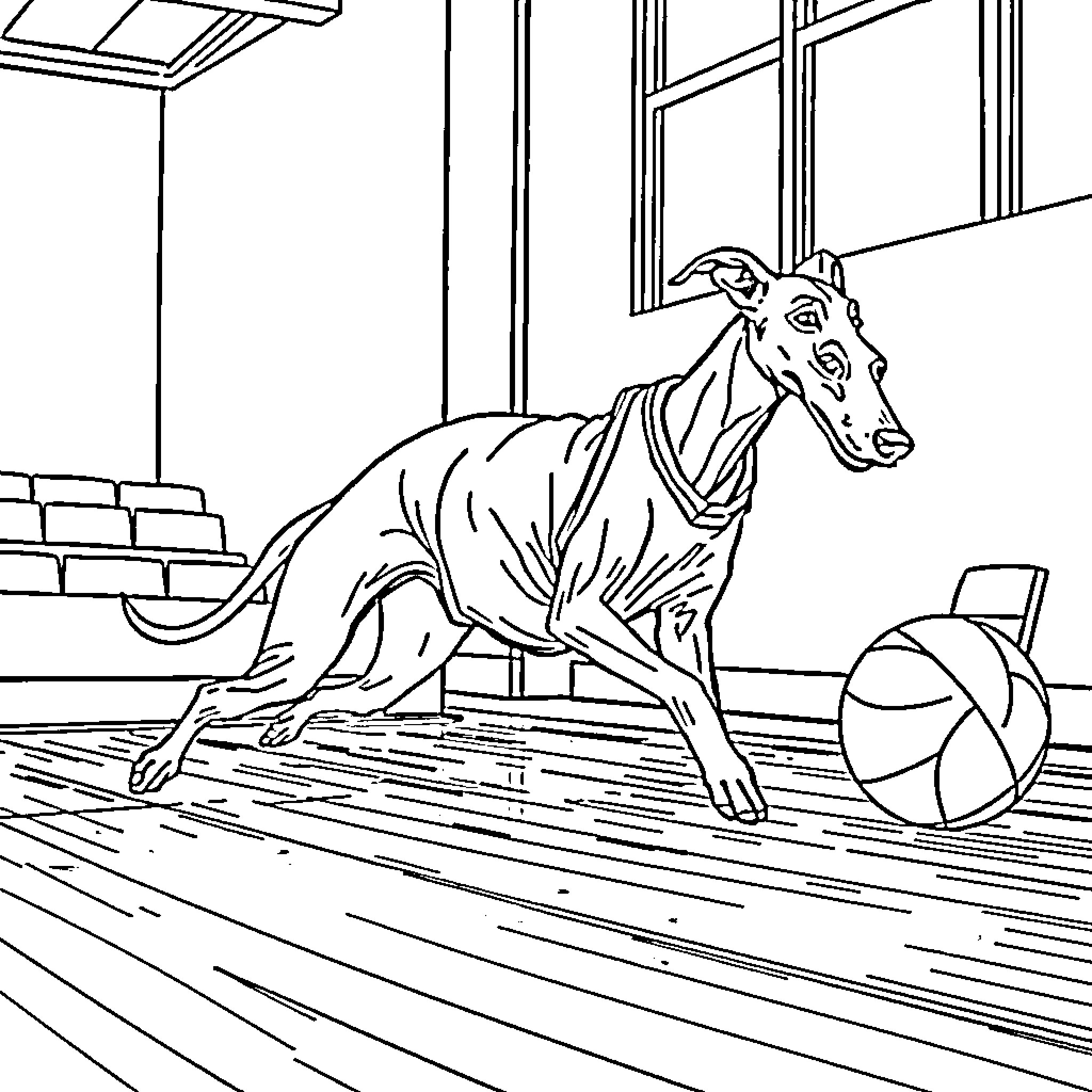 Greyhound running playfully with ball in indoor setting Coloring Page (free black-and-white line drawing printable PDF for all, from beginners to advanced learners, including children, teens, adults, and seniors)