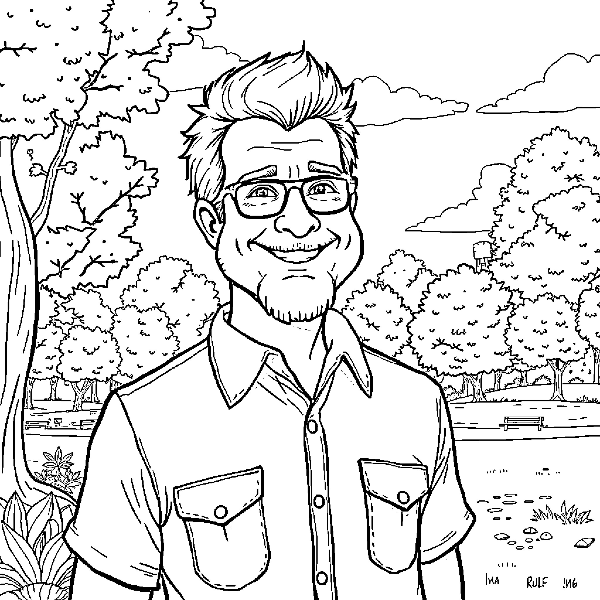 Rolf's Joyful Encounter in the Vibrant Outdoors Coloring Page (free black-and-white line drawing printable PDF for all, from beginners to advanced learners, including children, teens, adults, and seniors)