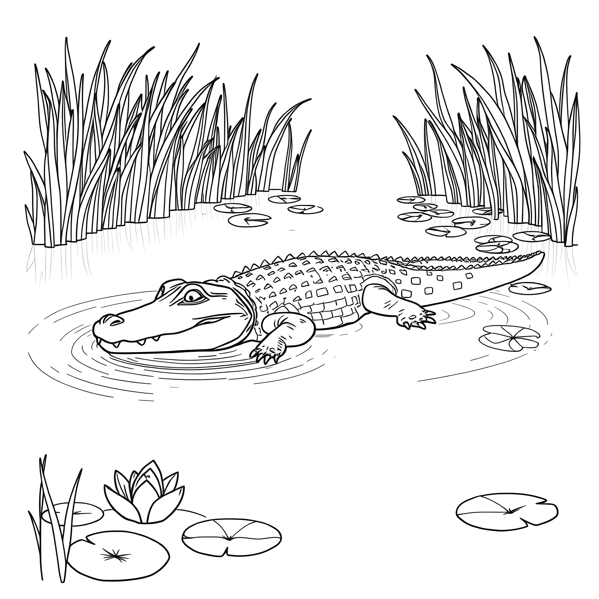 Crocodile lounging in the wetland habitat Coloring Page (free black-and-white line drawing printable PDF for all, from beginners to advanced learners, including children, teens, adults, and seniors)