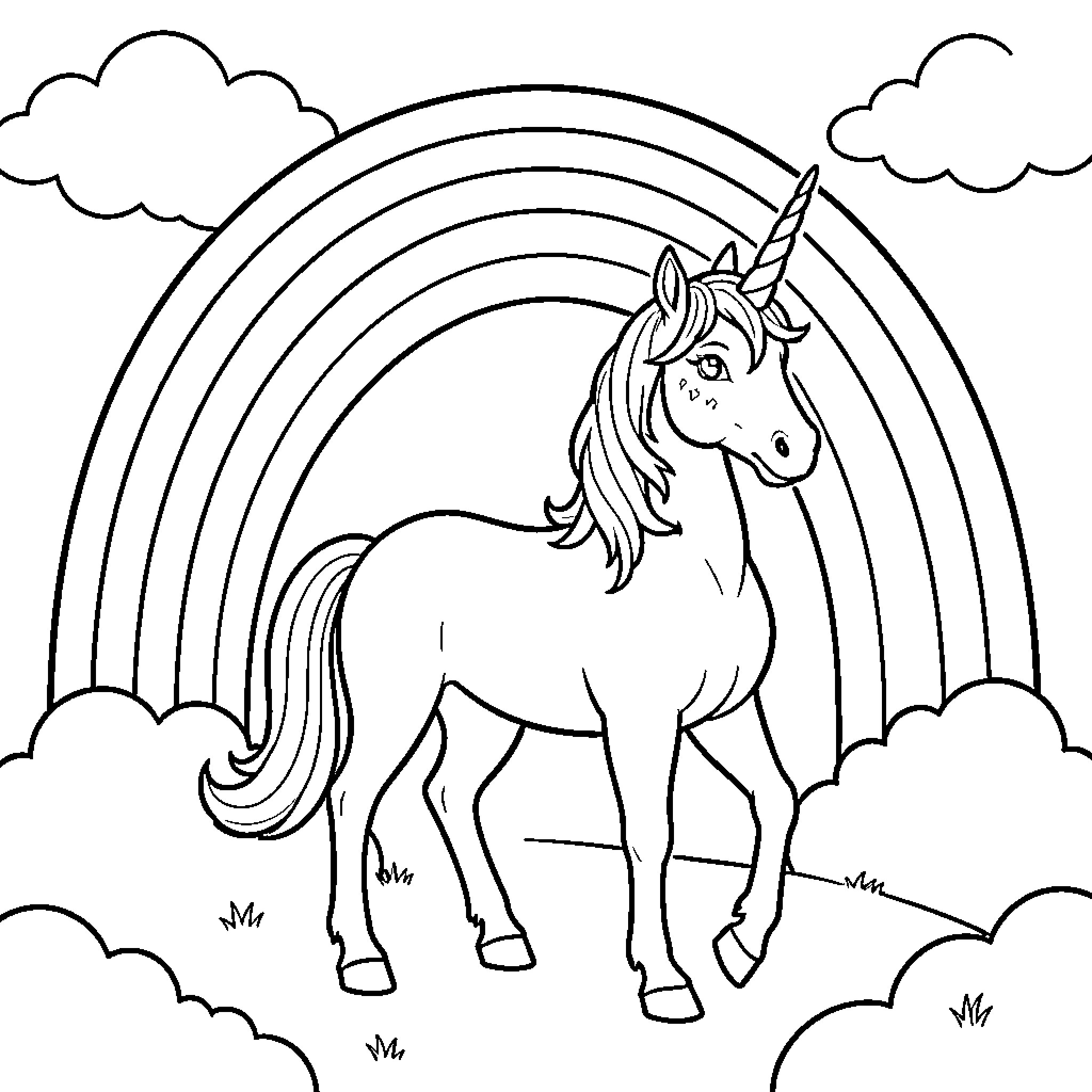 Unicorn standing gracefully in front of a rainbow Coloring Page (free black-and-white line drawing printable PDF for all, from beginners to advanced learners, including children, teens, adults, and seniors)