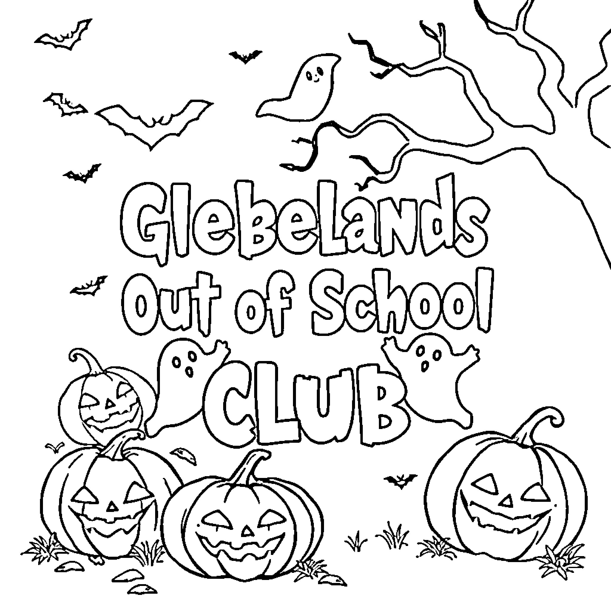 Halloween club for students out of school Coloring Page (free black-and-white line drawing printable PDF for all, from beginners to advanced learners, including children, teens, adults, and seniors)
