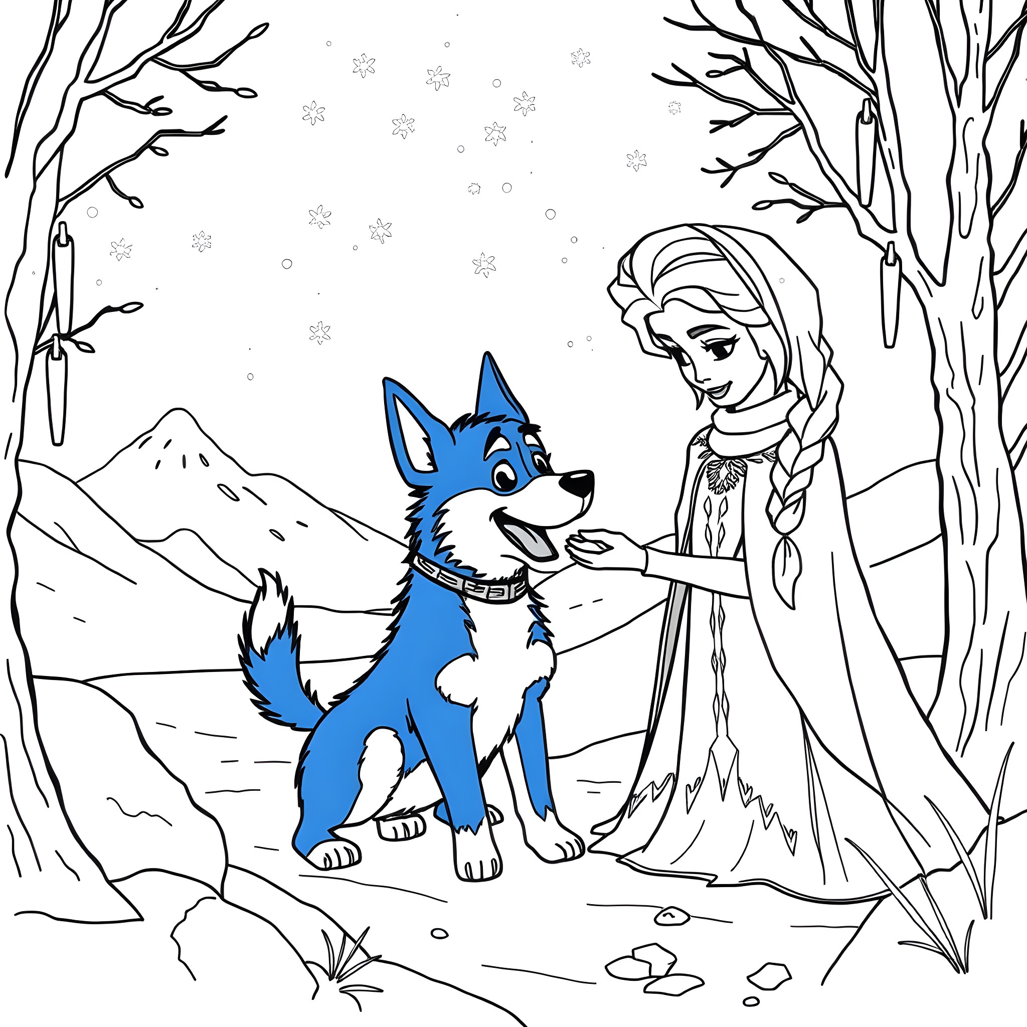 Bluey and the Snowy Adventure Coloring Page (free black-and-white line drawing printable PDF for all, from beginners to advanced learners, including children, teens, adults, and seniors)