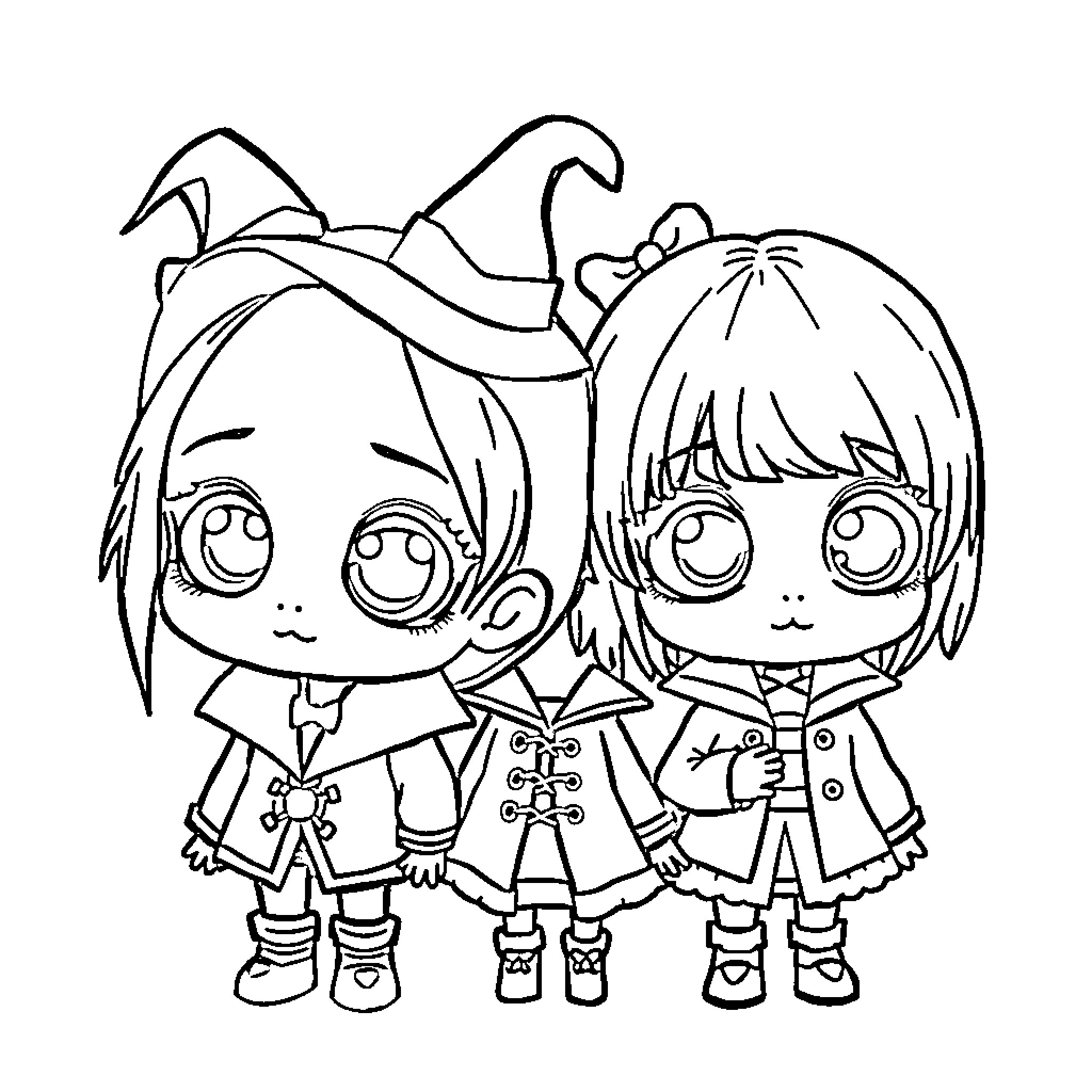 Gothic Character Trio in Whimsical Outfits Coloring Page (free black-and-white line drawing printable PDF for all, from beginners to advanced learners, including children, teens, adults, and seniors)