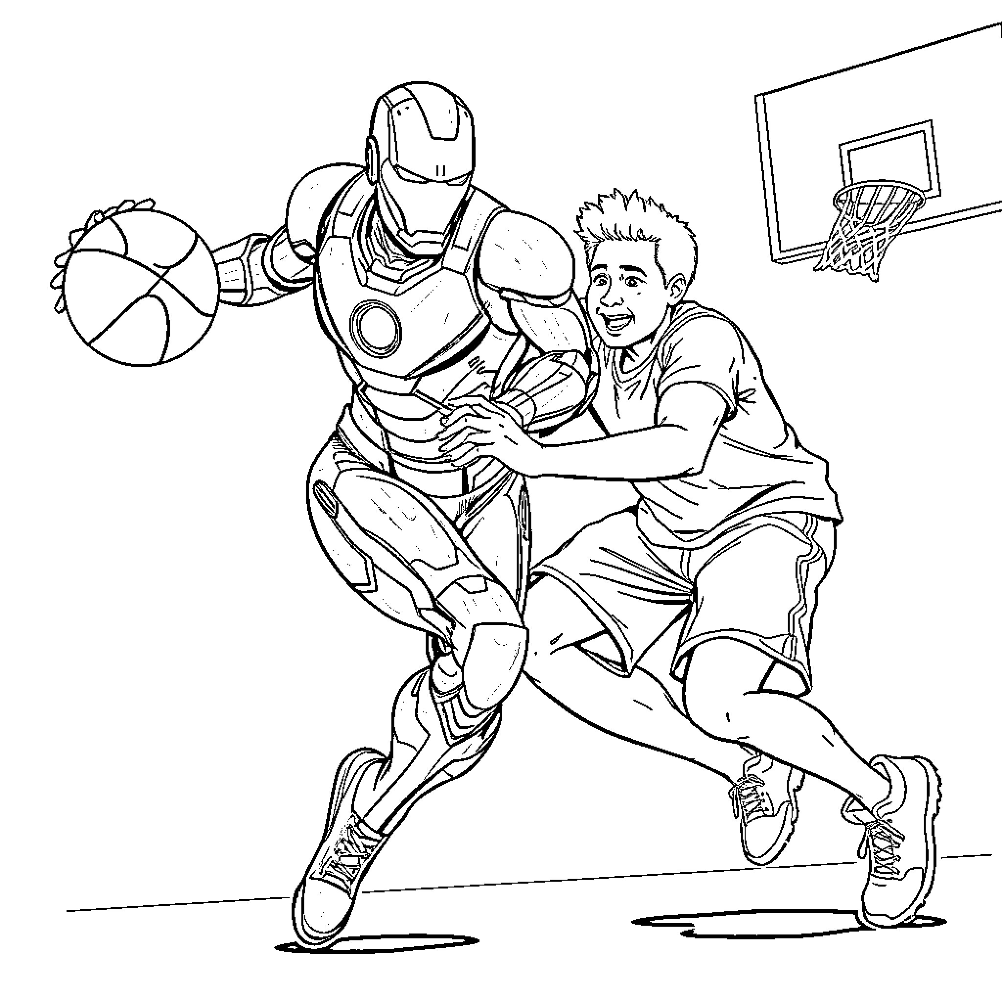 Ironman Assisting Young Athlete on Basketball Court Coloring Page (free black-and-white line drawing printable PDF for all, from beginners to advanced learners, including children, teens, adults, and seniors)