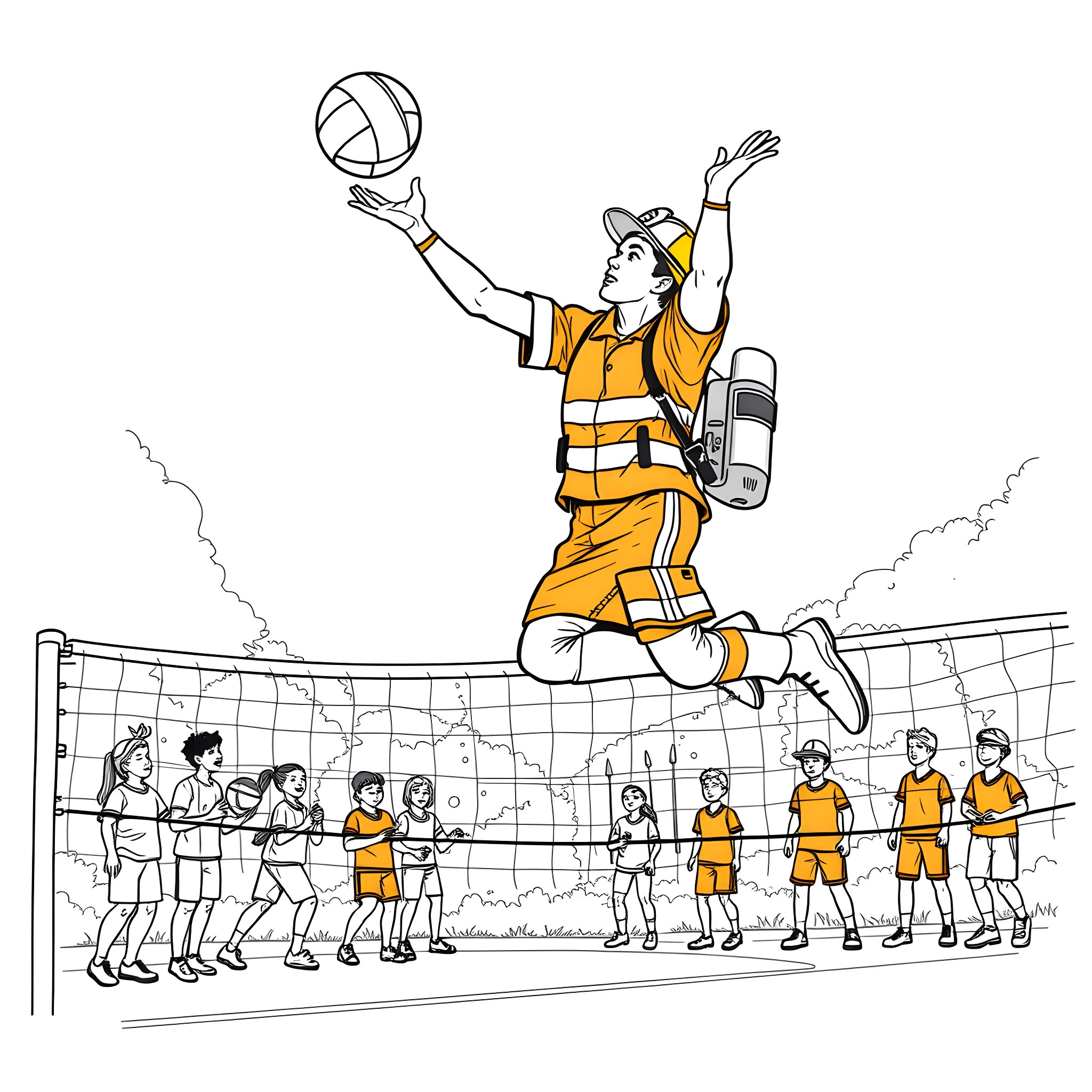 Fireman jumping to spike a volleyball during a game Coloring Page (free black-and-white line drawing printable PDF for all, from beginners to advanced learners, including children, teens, adults, and seniors)