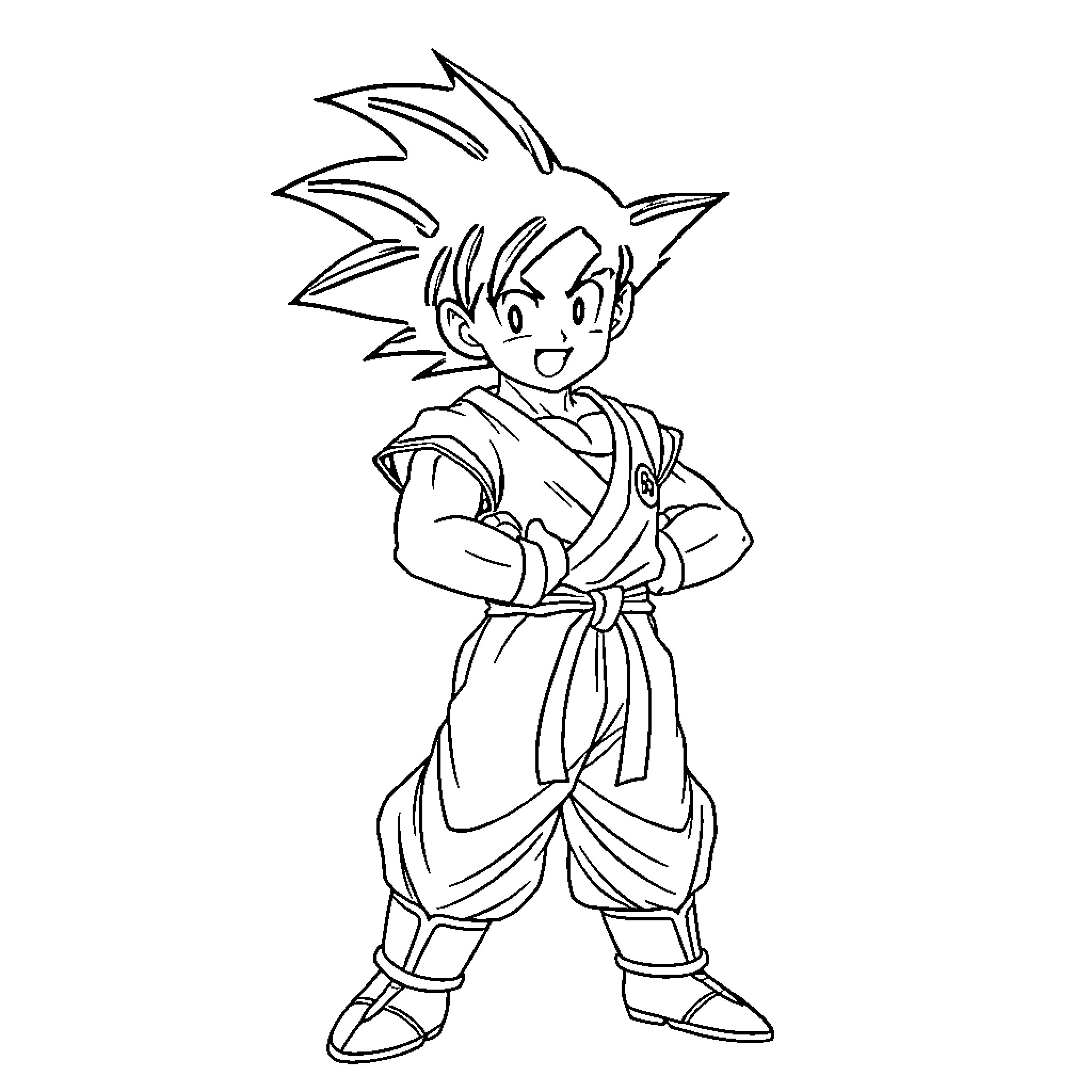 Goku in a Cheerful Pose Coloring Page (free black-and-white line drawing printable PDF for all, from beginners to advanced learners, including children, teens, adults, and seniors)