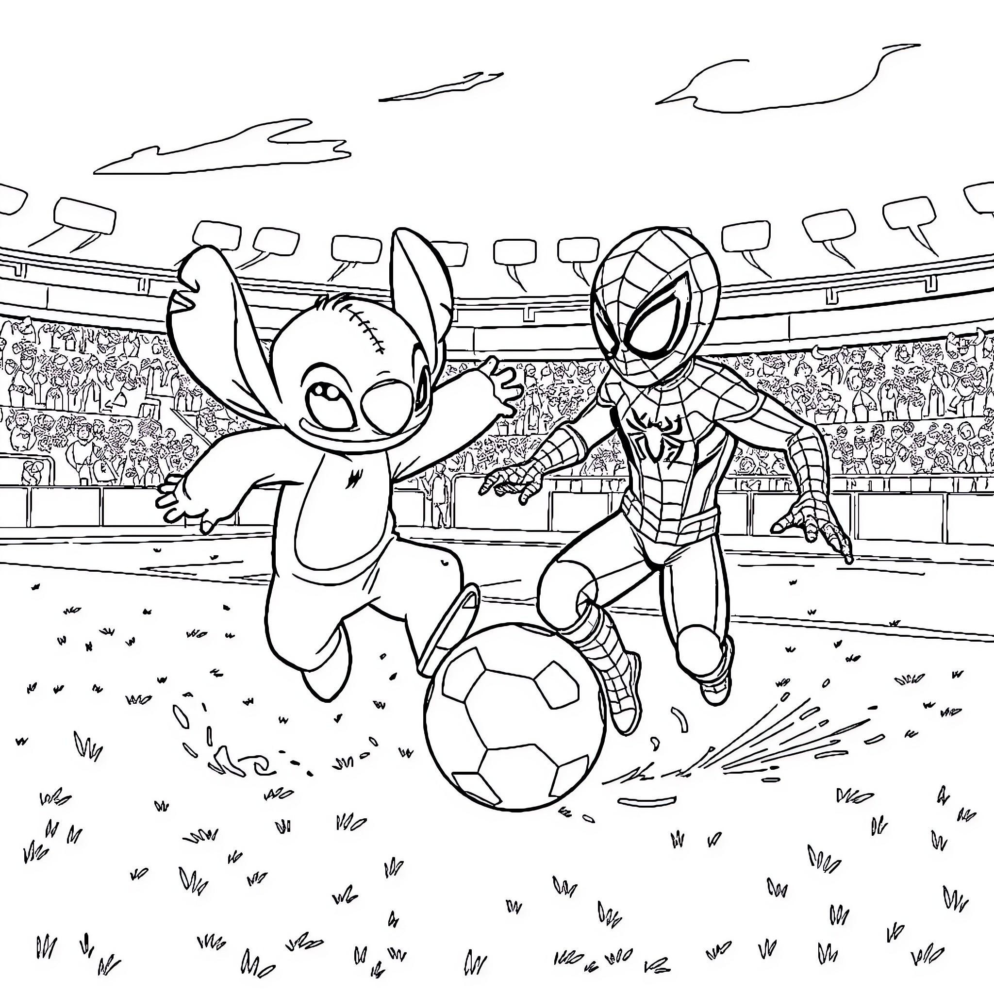 Stitch and Spider-Man playing soccer in stadium Coloring Page (free black-and-white line drawing printable PDF for all, from beginners to advanced learners, including children, teens, adults, and seniors)