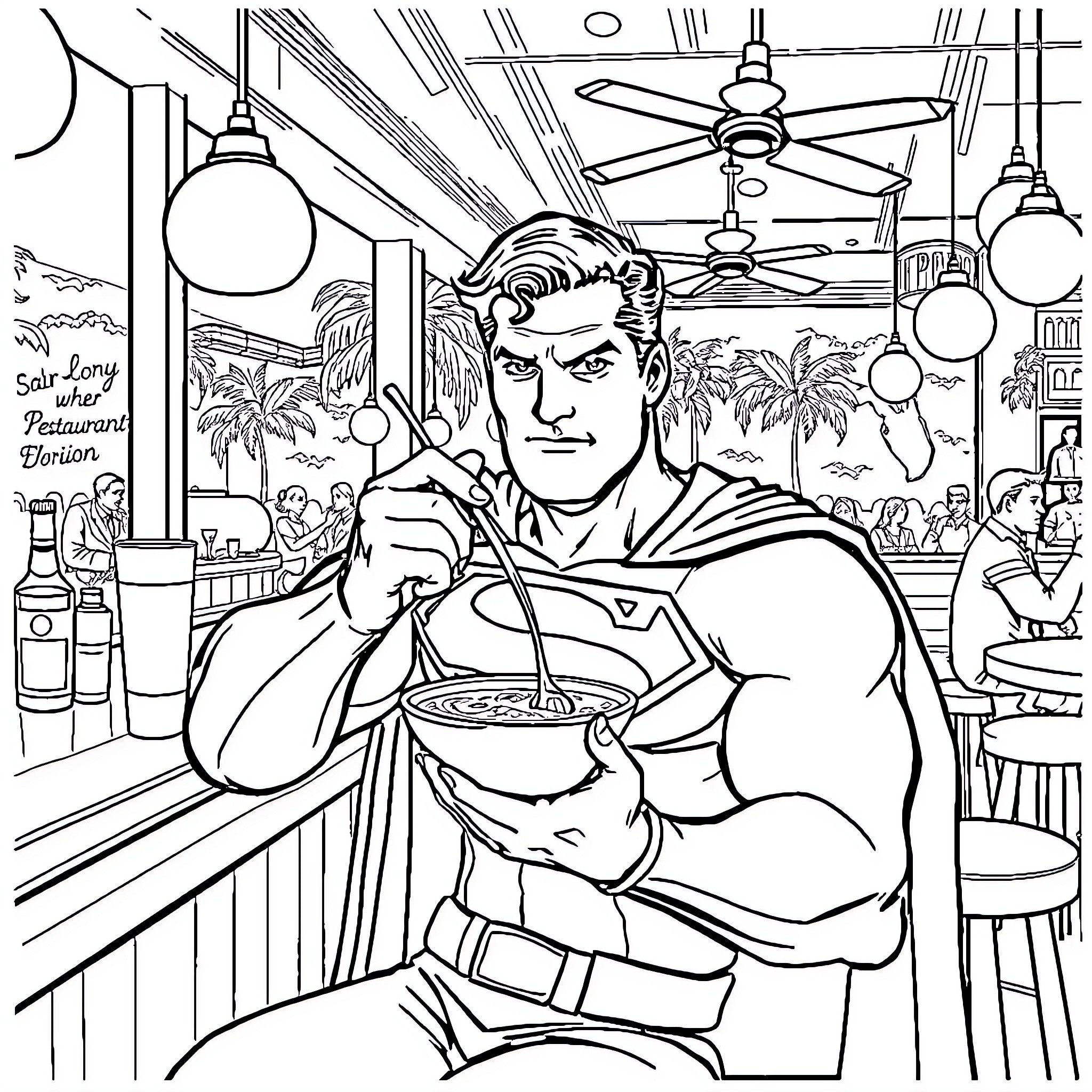 Superman enjoying a tropical vacation Coloring Page (free black-and-white line drawing printable PDF for all, from beginners to advanced learners, including children, teens, adults, and seniors)