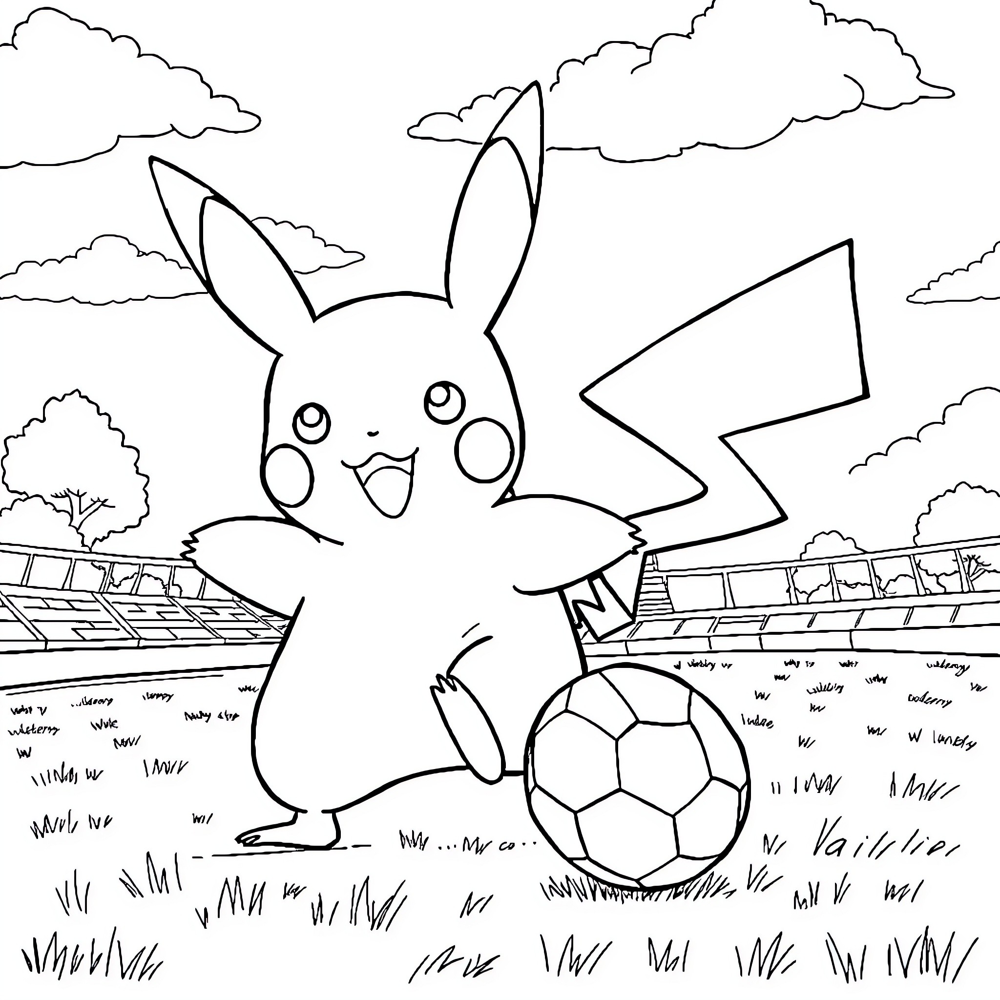 Pikachu playing with a soccer ball on the field Coloring Page (free black-and-white line drawing printable PDF for all, from beginners to advanced learners, including children, teens, adults, and seniors)