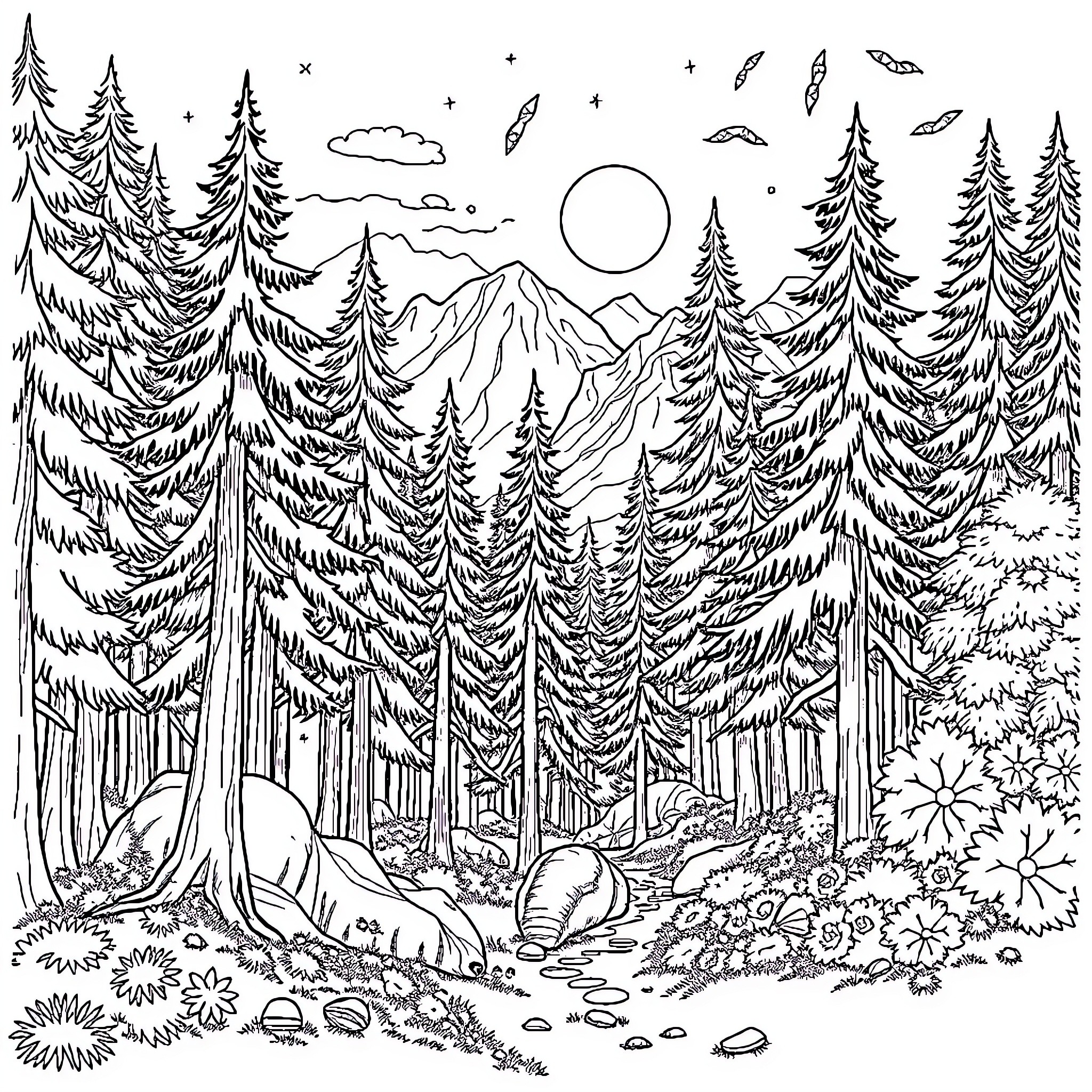 Brigadas Exploring Serene Forest Landscape Coloring Page (free black-and-white line drawing printable PDF for all, from beginners to advanced learners, including children, teens, adults, and seniors)
