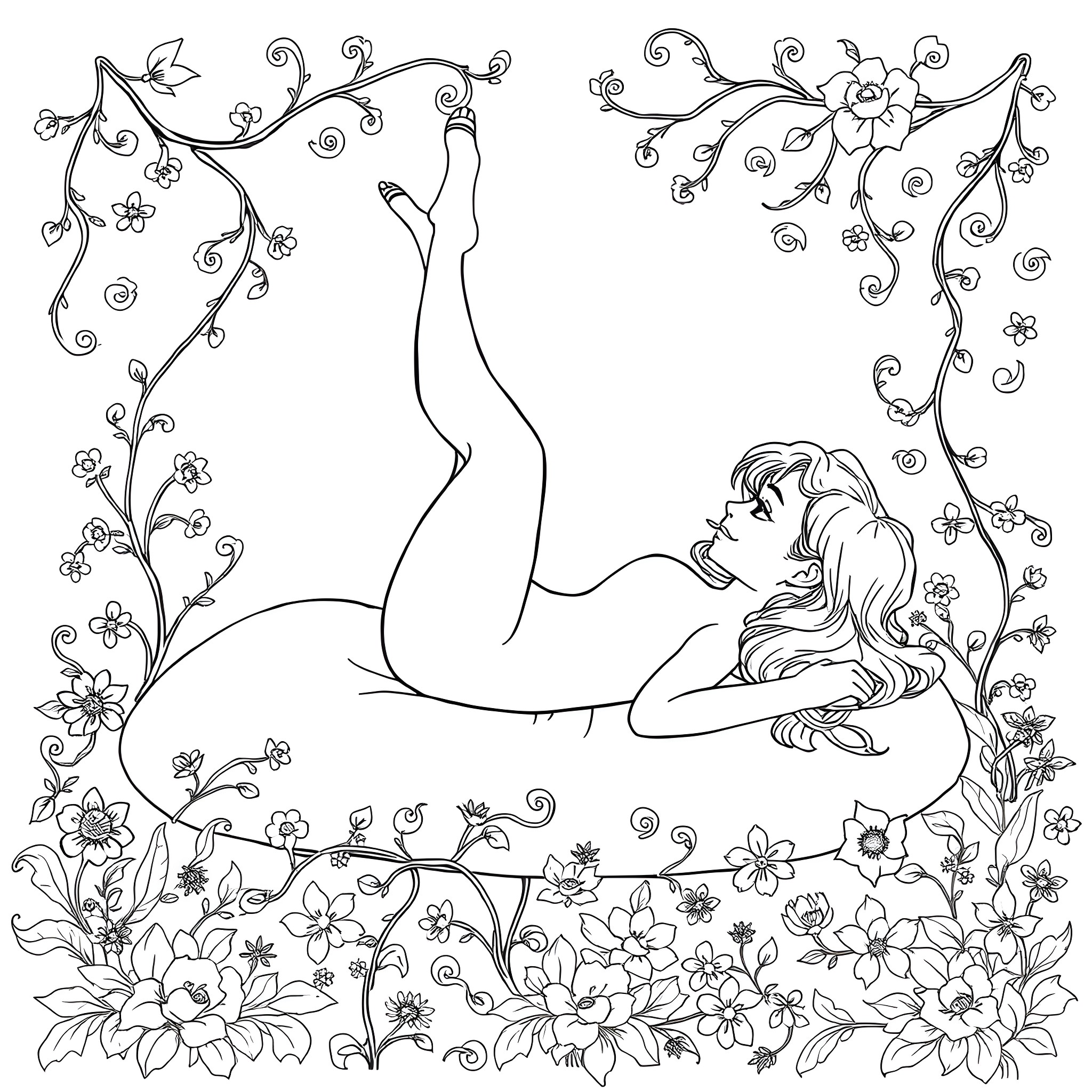 Sophie relaxing in a field of flowers Coloring Page (free black-and-white line drawing printable PDF for all, from beginners to advanced learners, including children, teens, adults, and seniors)
