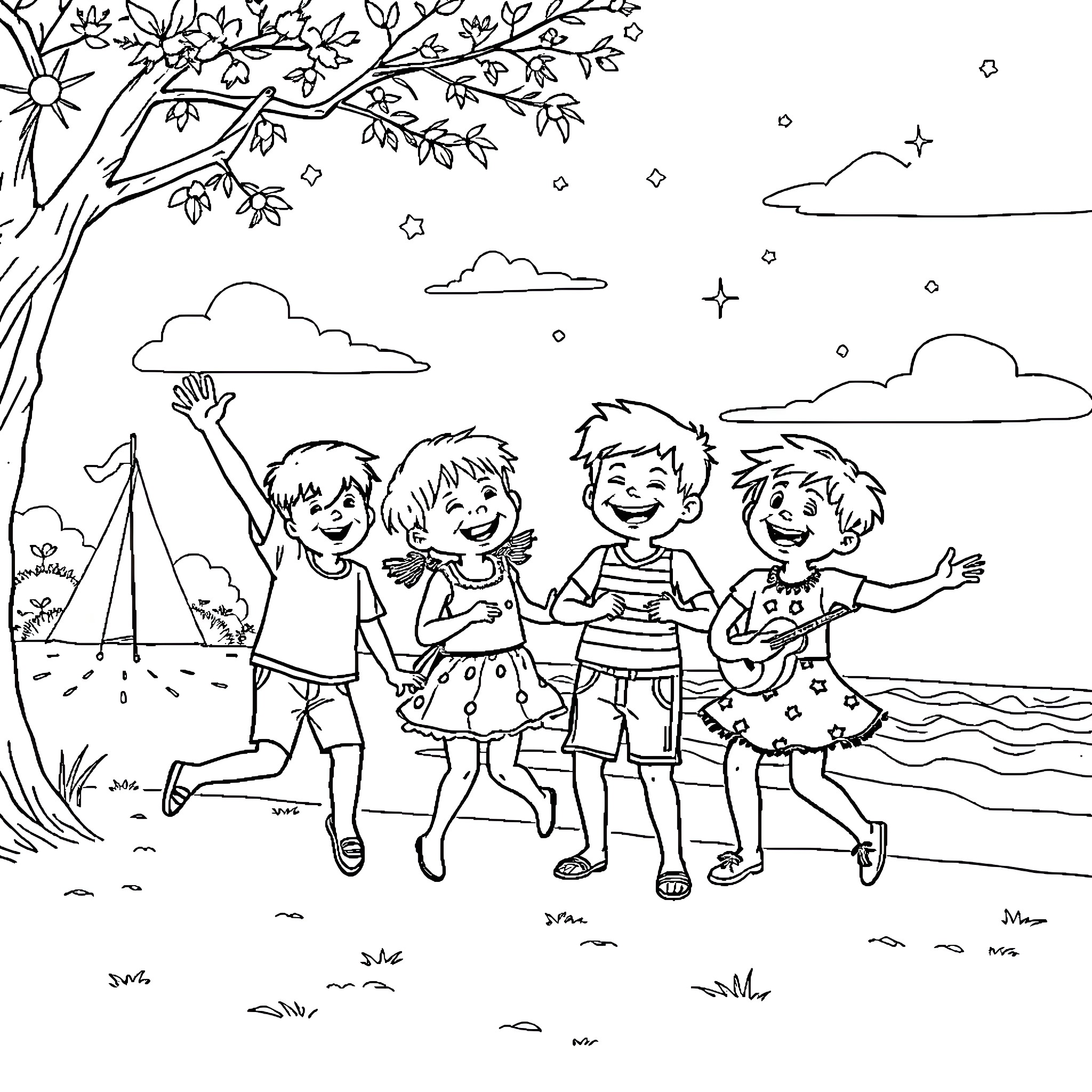 Children playing joyfully at the beach Coloring Page (free black-and-white line drawing printable PDF for all, from beginners to advanced learners, including children, teens, adults, and seniors)