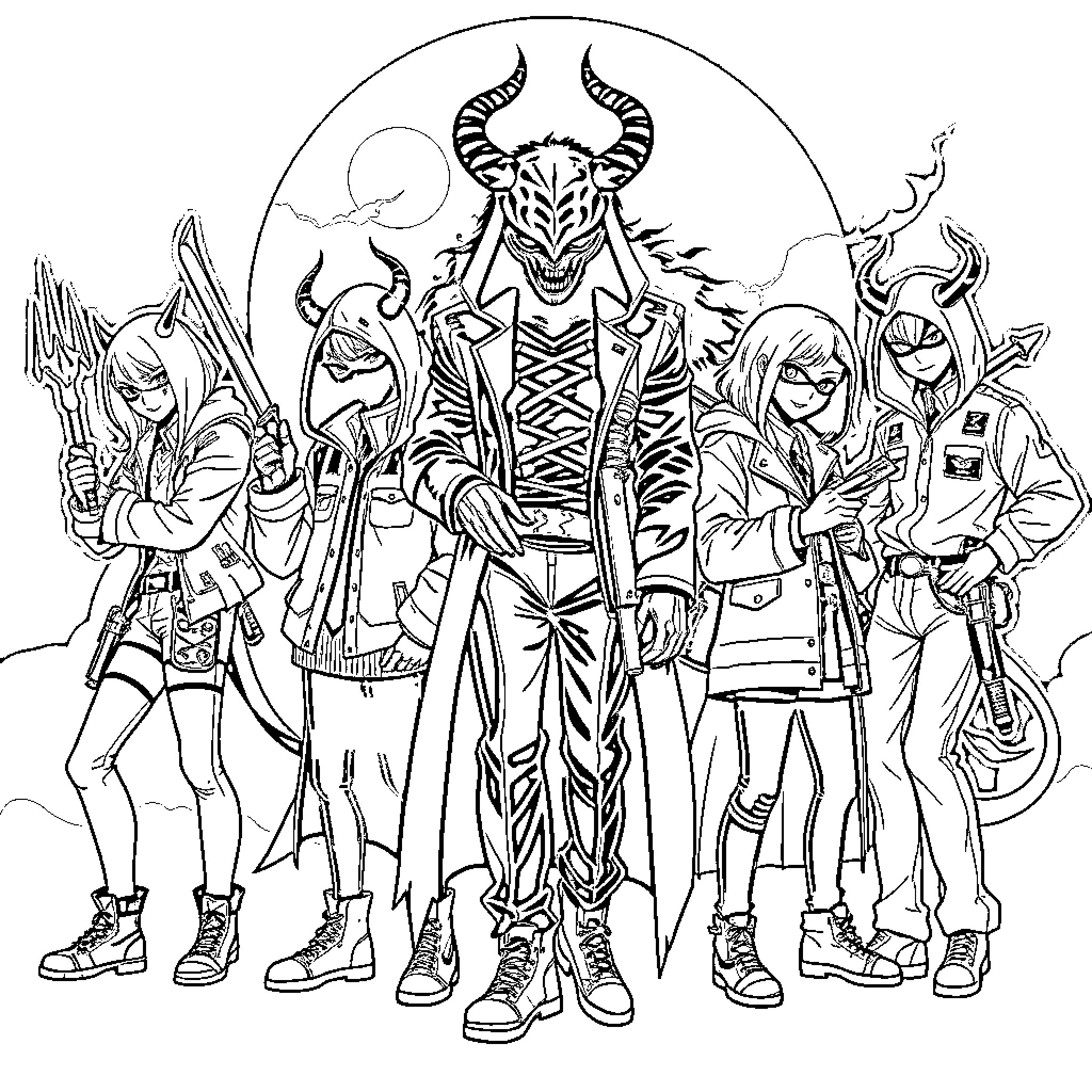 Demon Hunter and Warrior Team in Epic Fantasy Adventure Coloring Page (free black-and-white line drawing printable PDF for all, from beginners to advanced learners, including children, teens, adults, and seniors)