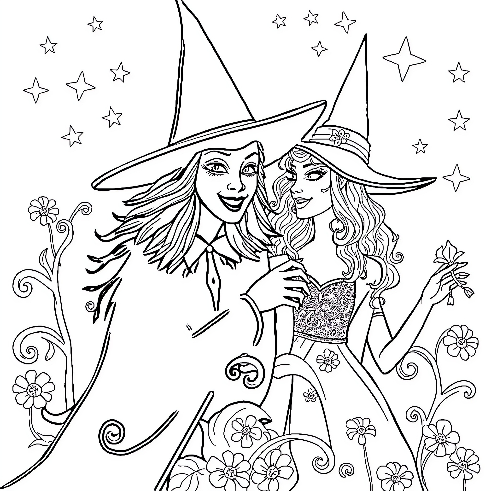 Wicked Witches Celebrate with Enchanting Attire Coloring Page (free black-and-white line drawing printable PDF for all, from beginners to advanced learners, including children, teens, adults, and seniors)