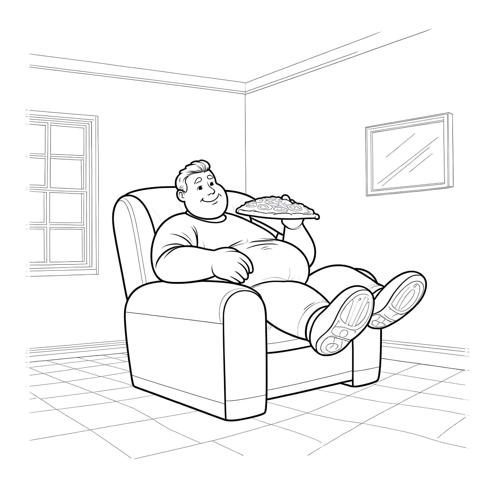 Man sitting comfortably in chair and eating food Coloring Page (free black-and-white line drawing printable PDF for all, from beginners to advanced learners, including children, teens, adults, and seniors)