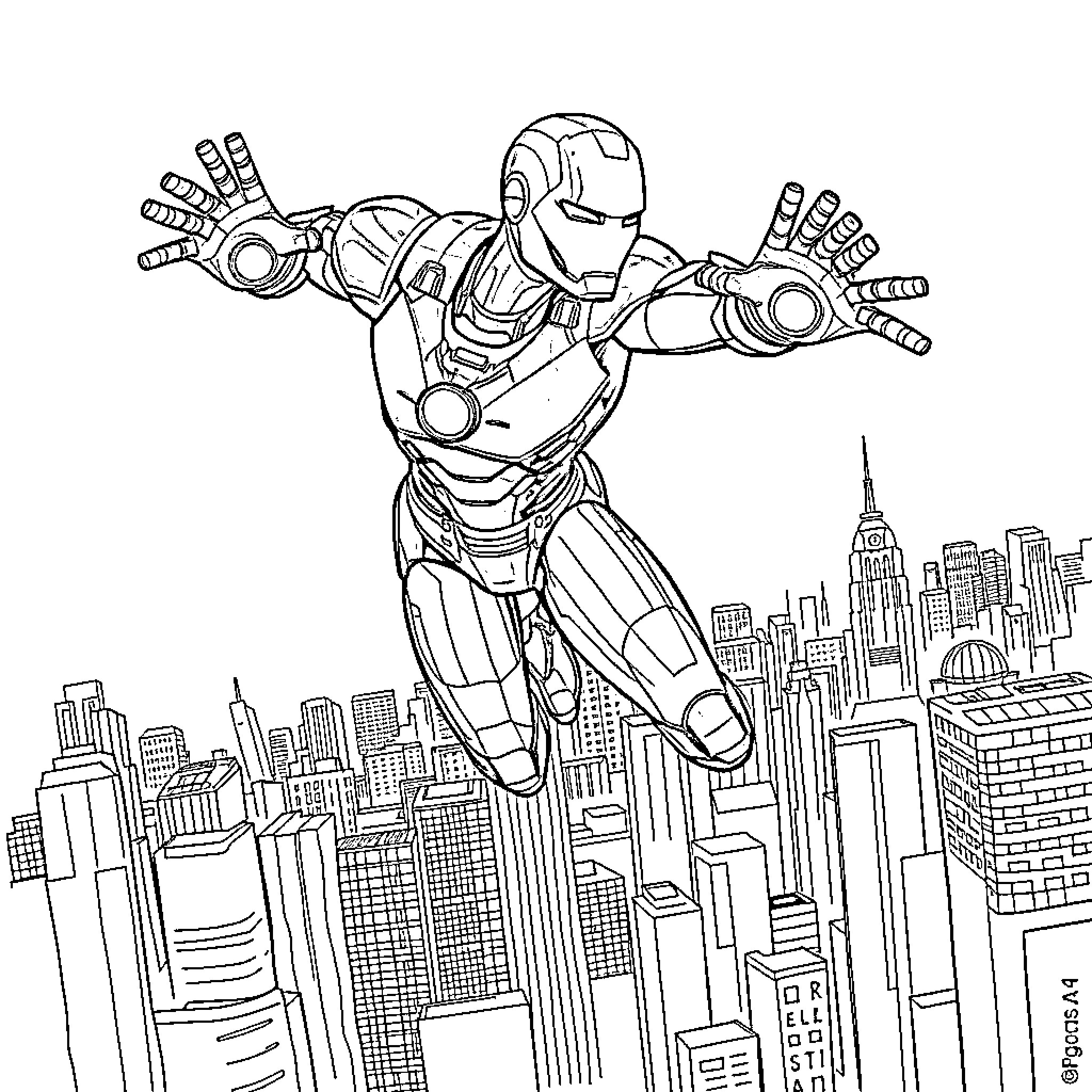 Ironman soaring through the city skyline Coloring Page (free black-and-white line drawing printable PDF for all, from beginners to advanced learners, including children, teens, adults, and seniors)