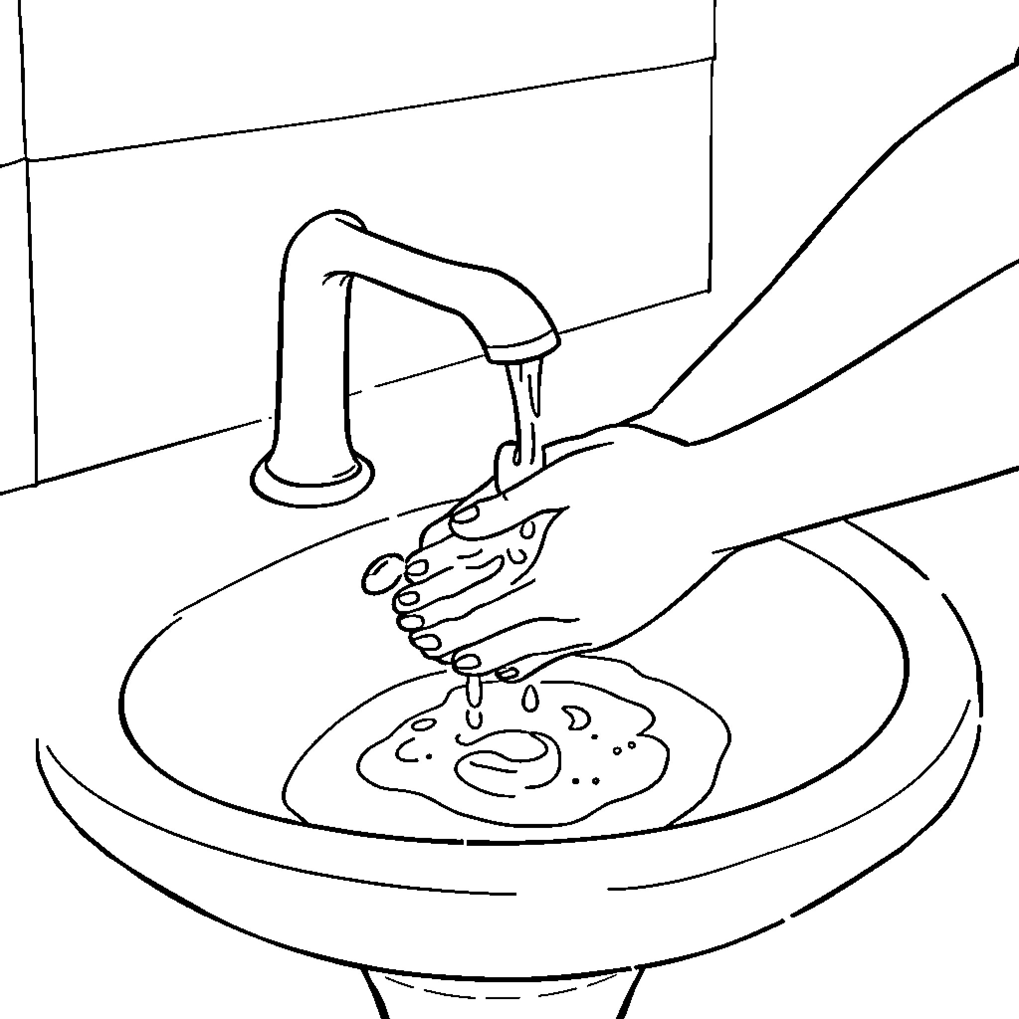 Hand washing in bathroom sink Coloring Page (free black-and-white line drawing printable PDF for all, from beginners to advanced learners, including children, teens, adults, and seniors)