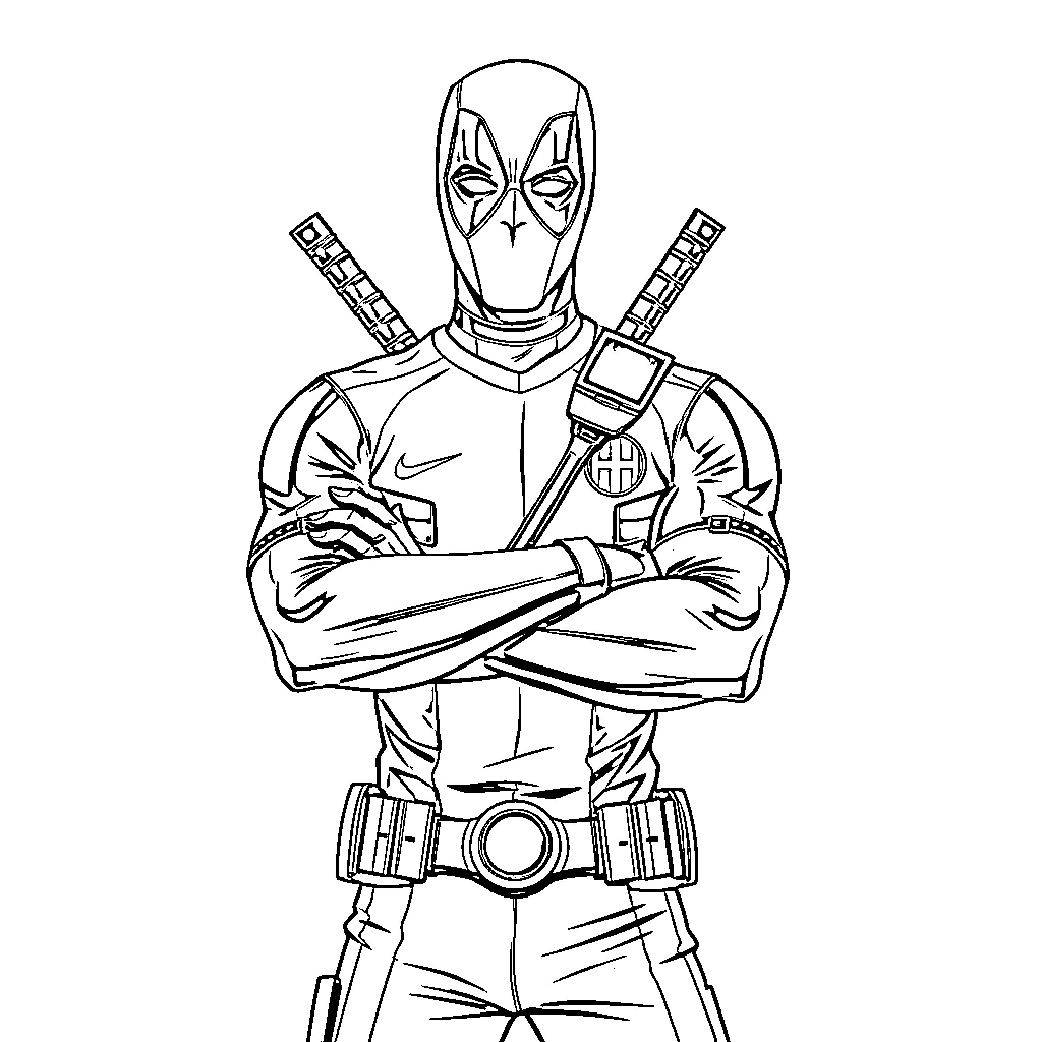 Deadpool posing with arms crossed Coloring Page (free black-and-white line drawing printable PDF for all, from beginners to advanced learners, including children, teens, adults, and seniors)