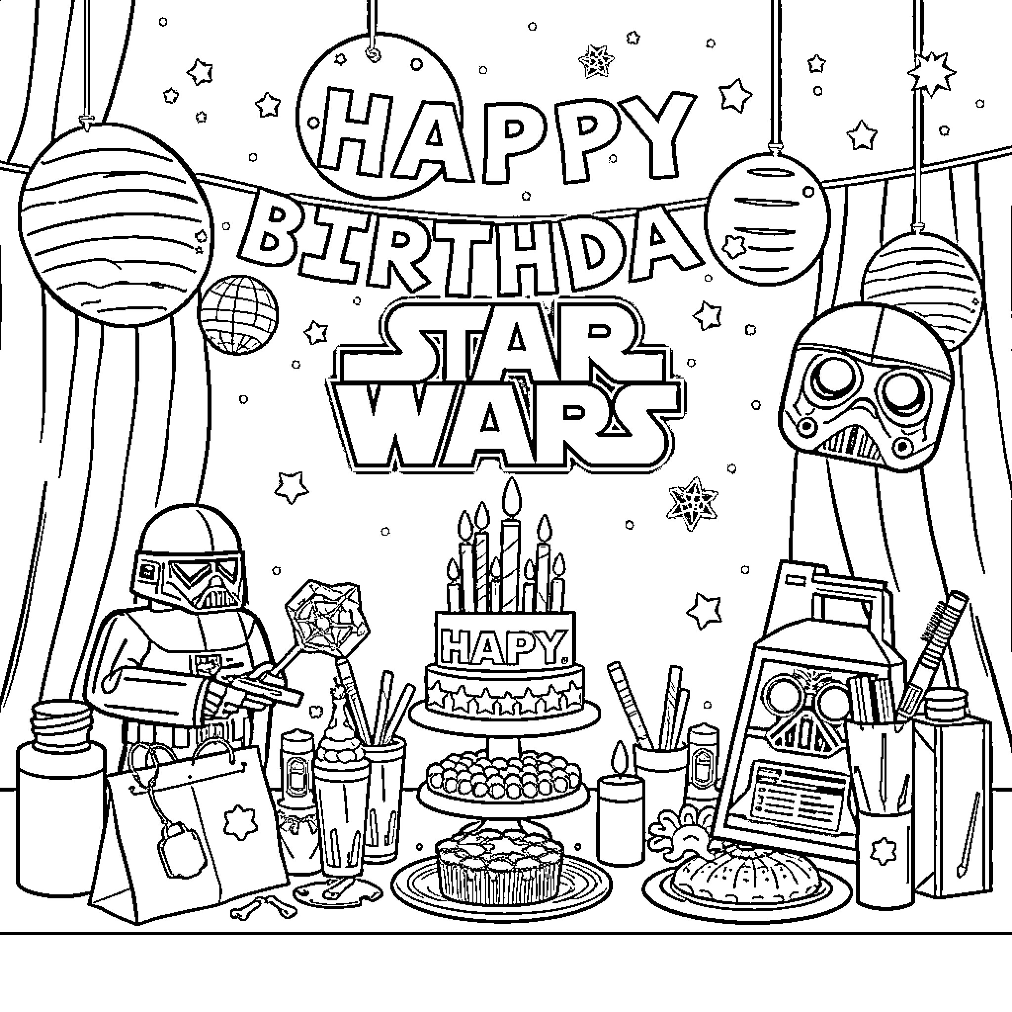 Star Wars characters celebrate a happy birthday Coloring Page (free black-and-white line drawing printable PDF for all, from beginners to advanced learners, including children, teens, adults, and seniors)