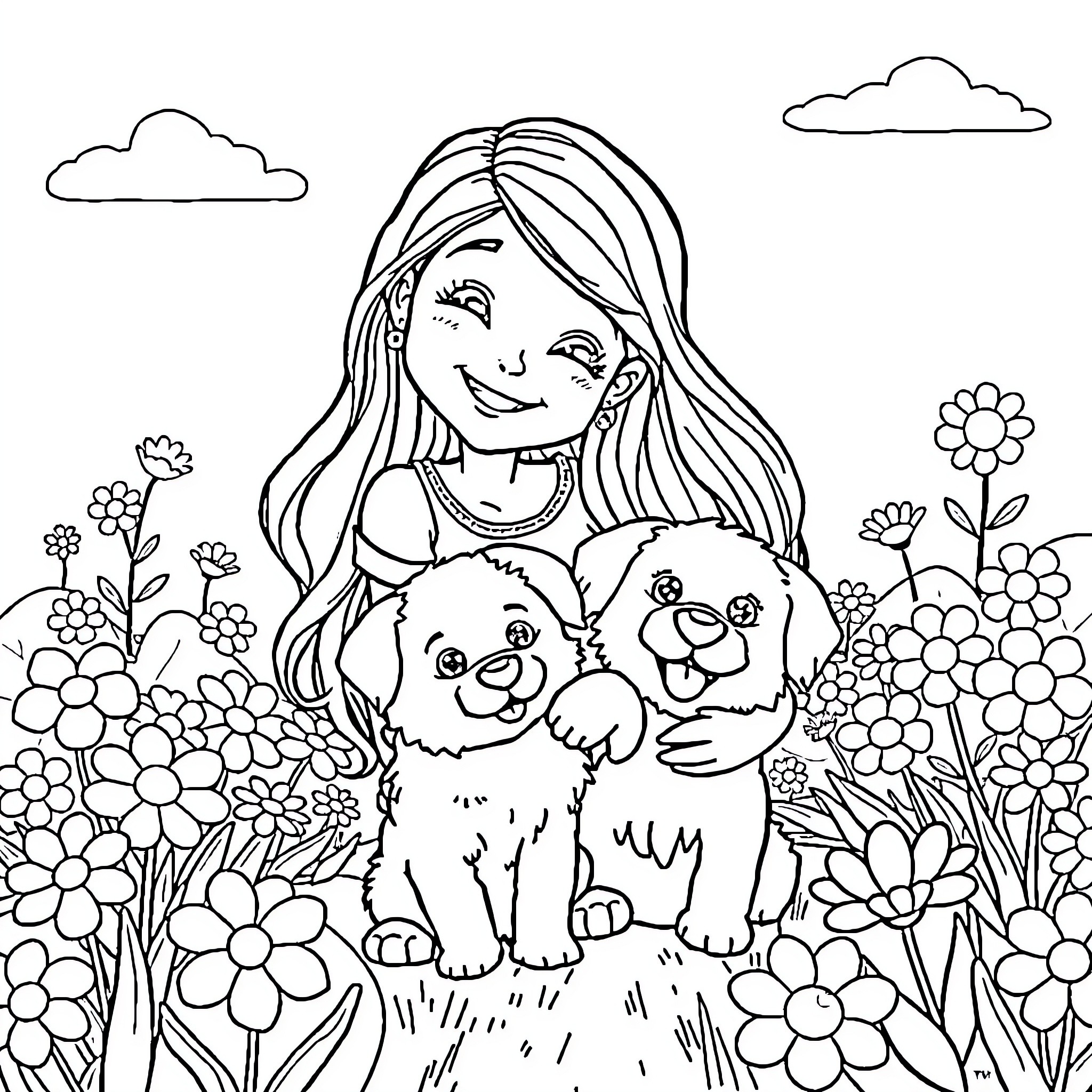 Girl and her happy puppies in a flower garden Coloring Page (free black-and-white line drawing printable PDF for all, from beginners to advanced learners, including children, teens, adults, and seniors)