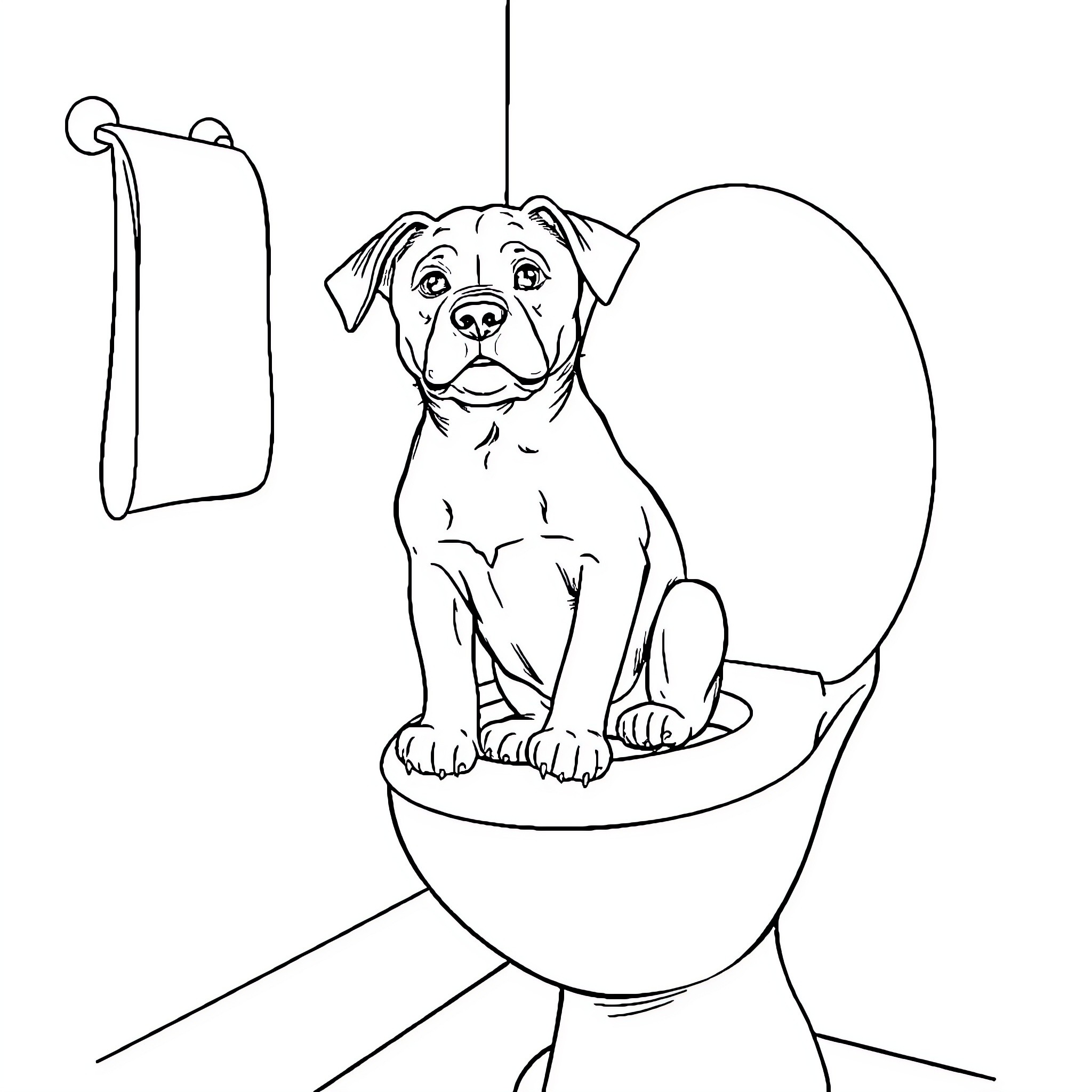 Dog sitting on toilet with towel Coloring Page (free black-and-white line drawing printable PDF for all, from beginners to advanced learners, including children, teens, adults, and seniors)