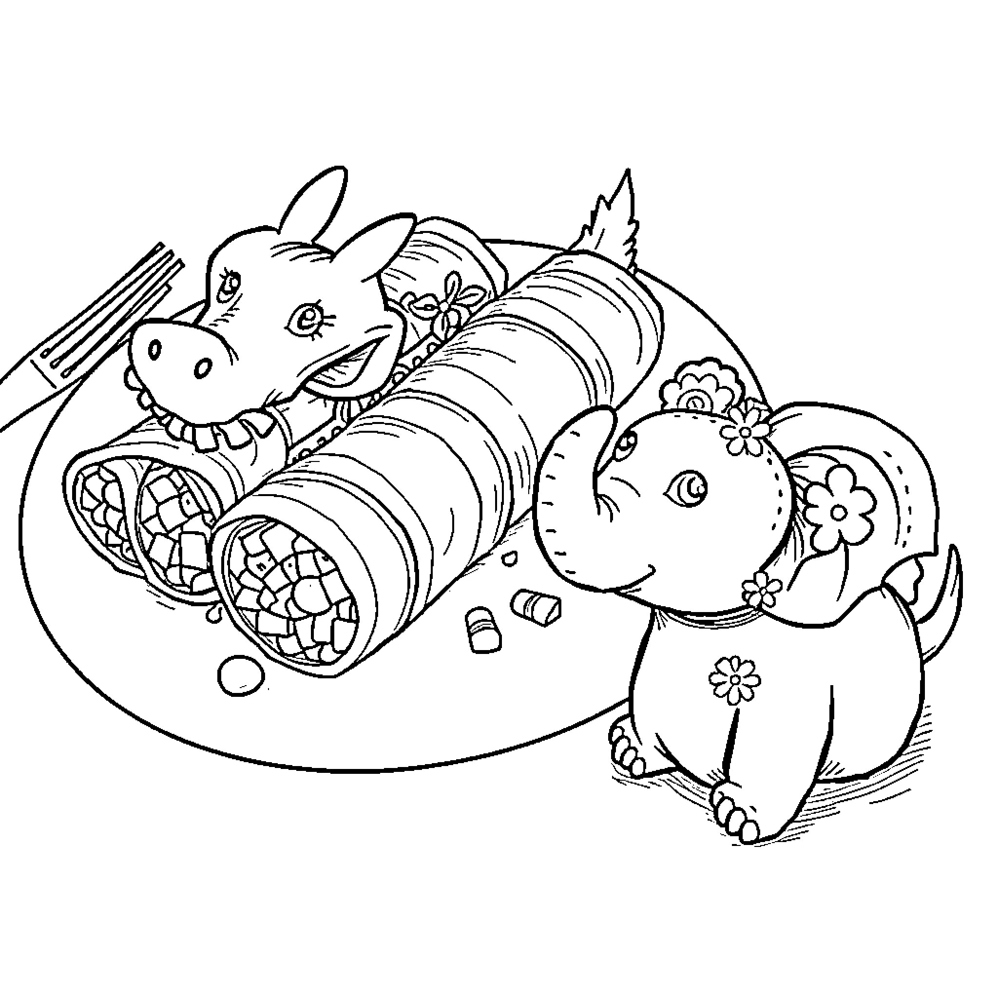 Dragon-themed Rabbits Enjoying Festive Decorations Coloring Page (free black-and-white line drawing printable PDF for all, from beginners to advanced learners, including children, teens, adults, and seniors)