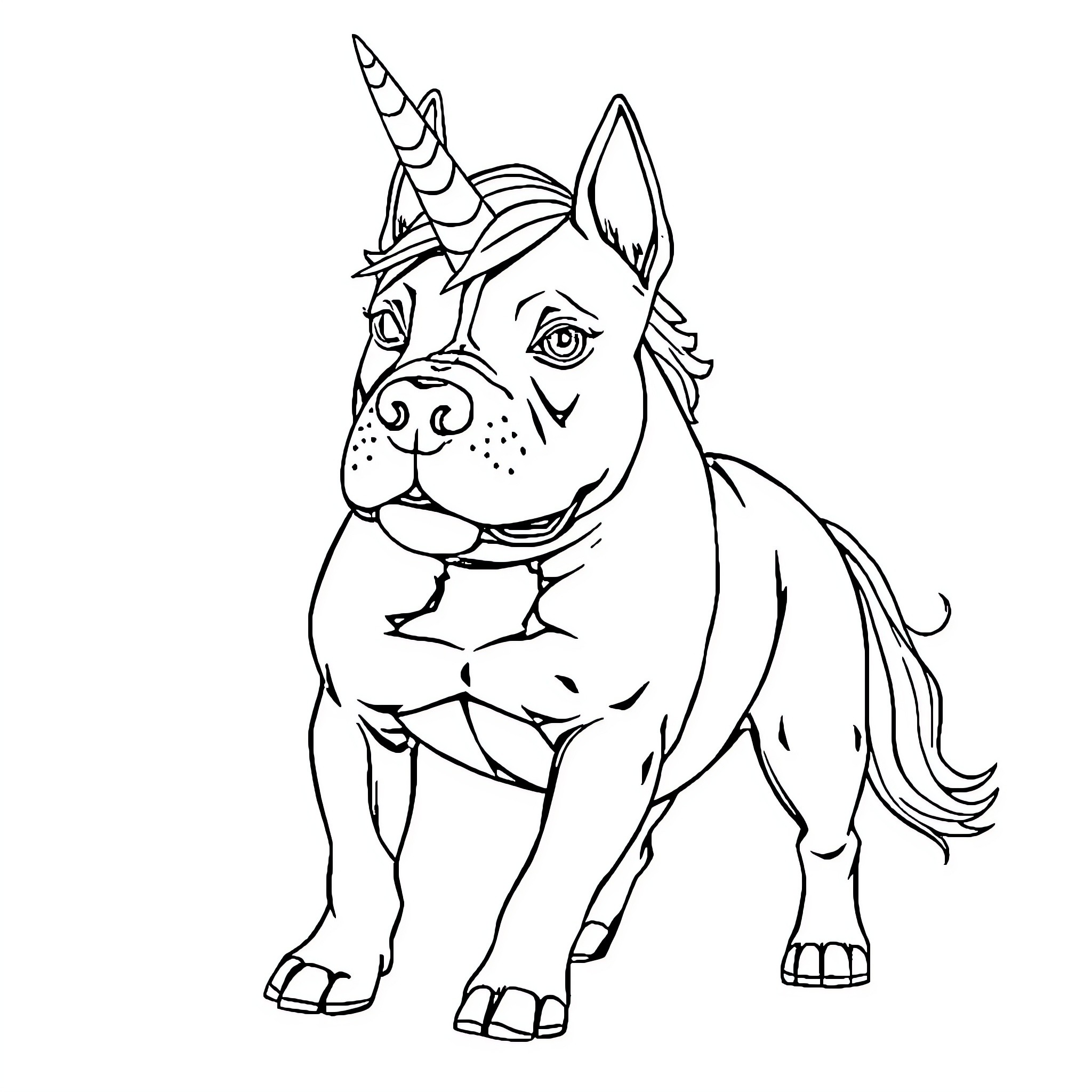 Unicorn-Inspired Dog with Horned Headpiece Coloring Page (free black-and-white line drawing printable PDF for all, from beginners to advanced learners, including children, teens, adults, and seniors)