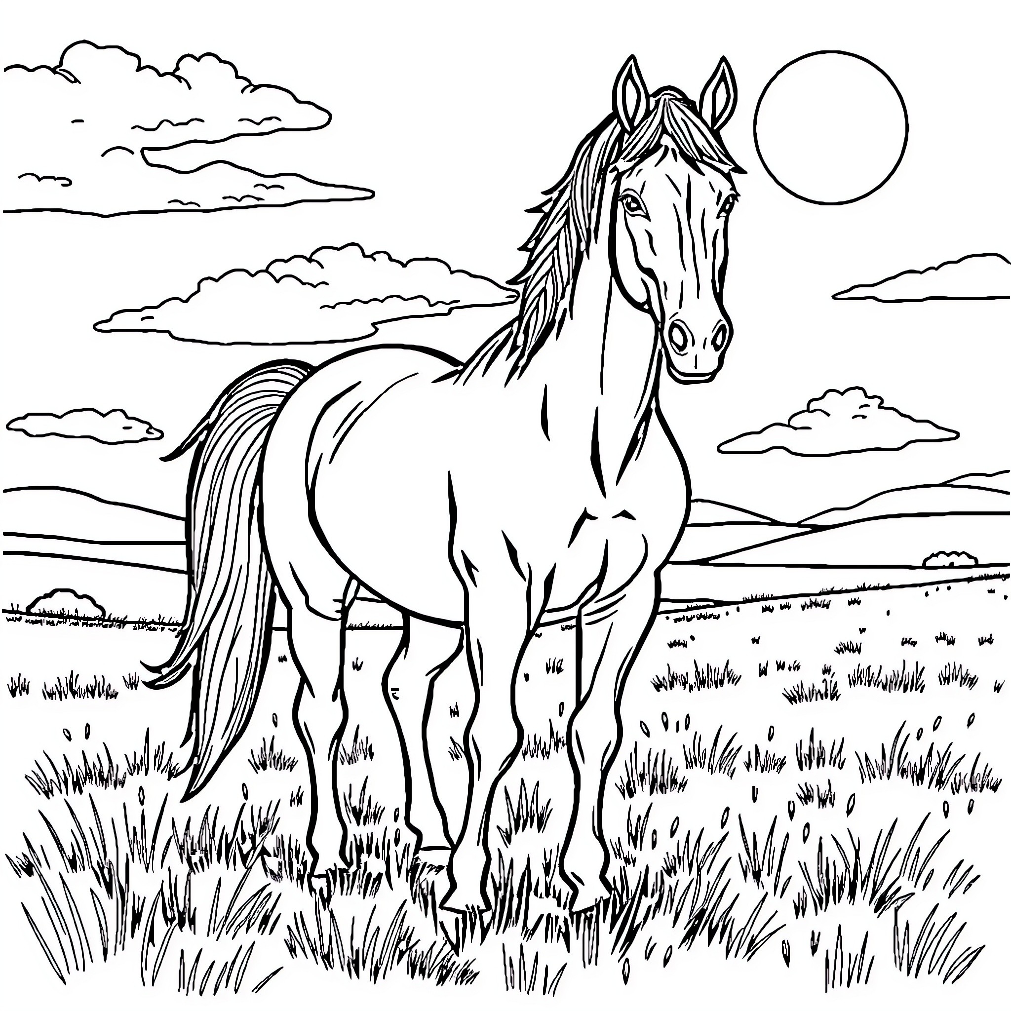 Spirit of the Wild Horse in Nature's Embrace Coloring Page (free black-and-white line drawing printable PDF for all, from beginners to advanced learners, including children, teens, adults, and seniors)