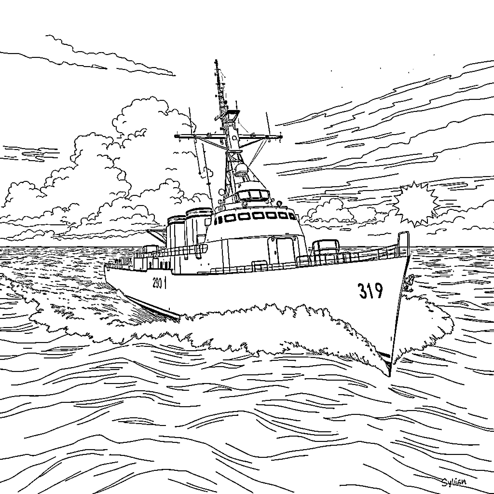 Destroyer Sailing Through Choppy Waves Coloring Page (free black-and-white line drawing printable PDF for all, from beginners to advanced learners, including children, teens, adults, and seniors)