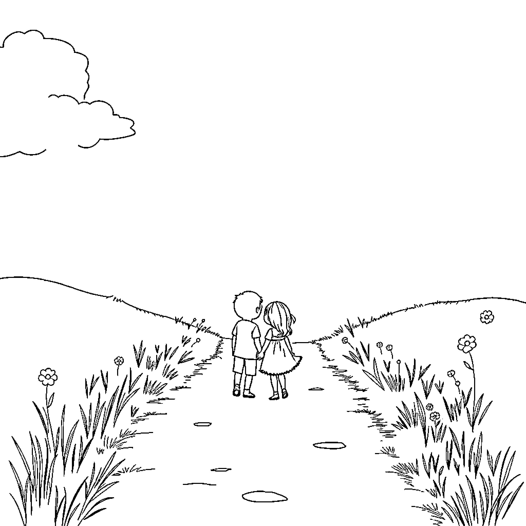 Love Story: Two Figures Strolling Together in Nature Coloring Page (free black-and-white line drawing printable PDF for all, from beginners to advanced learners, including children, teens, adults, and seniors)