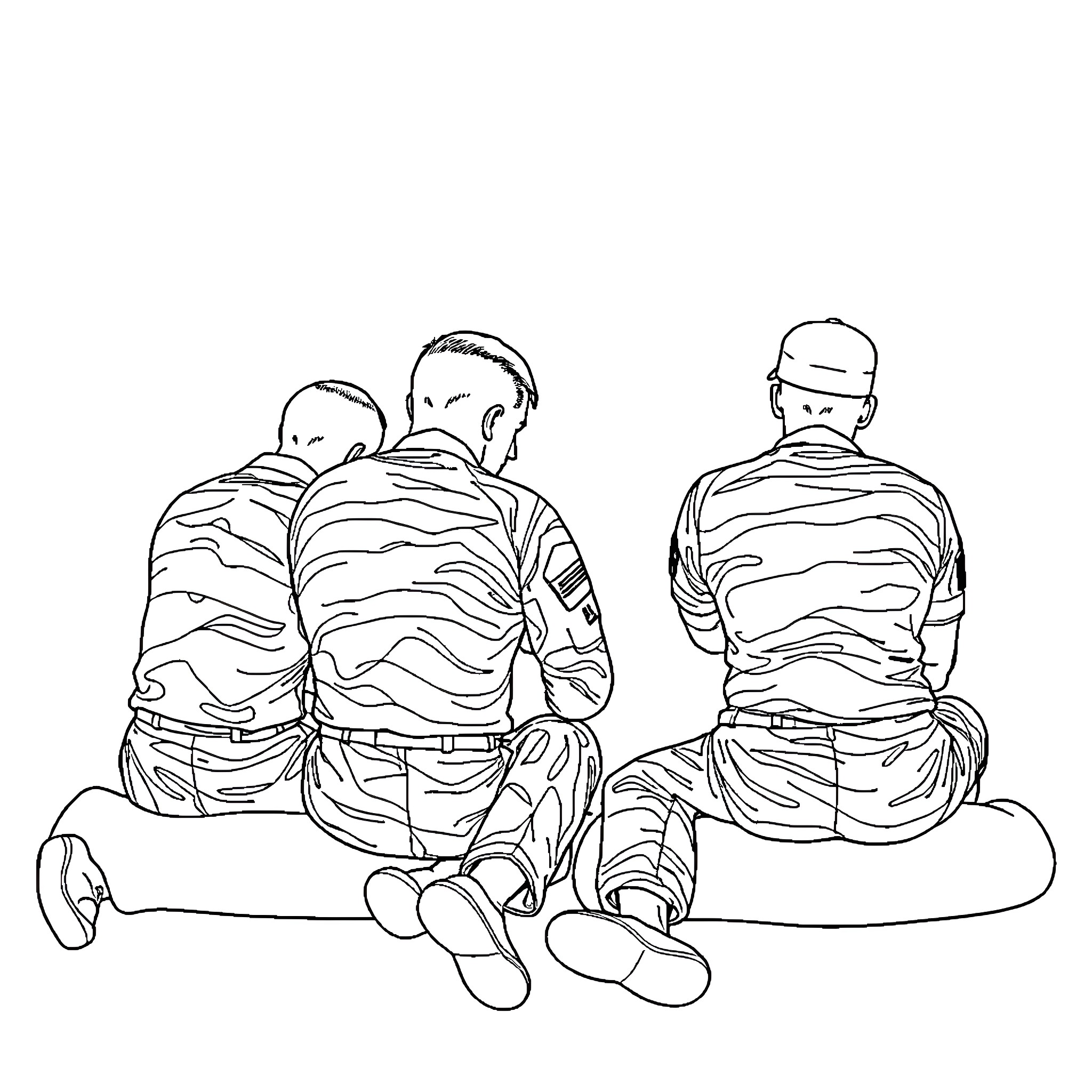 Soldiers sharing a quiet moment Coloring Page (free black-and-white line drawing printable PDF for all, from beginners to advanced learners, including children, teens, adults, and seniors)