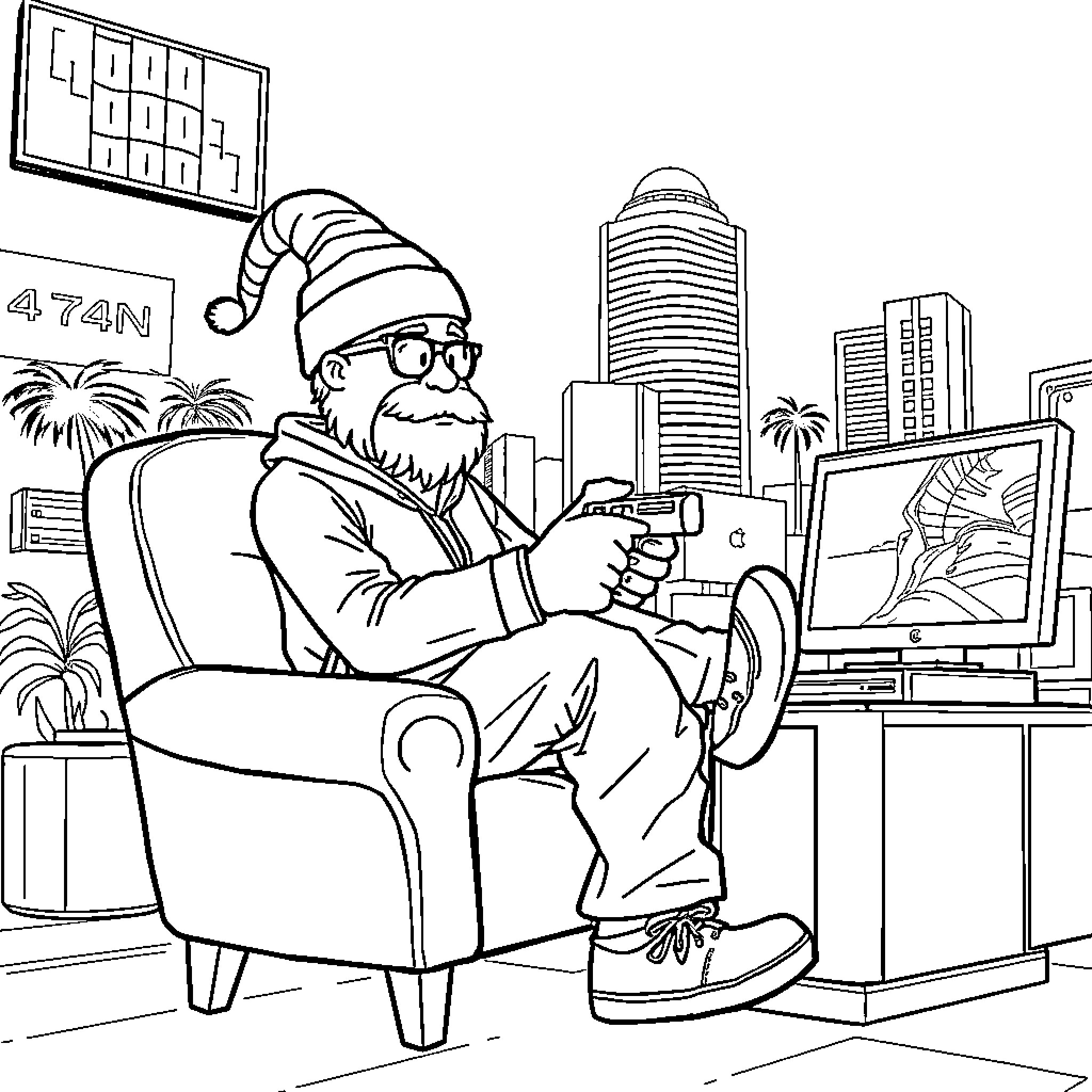 Lutin playing video games in a city apartment Coloring Page (free black-and-white line drawing printable PDF for all, from beginners to advanced learners, including children, teens, adults, and seniors)