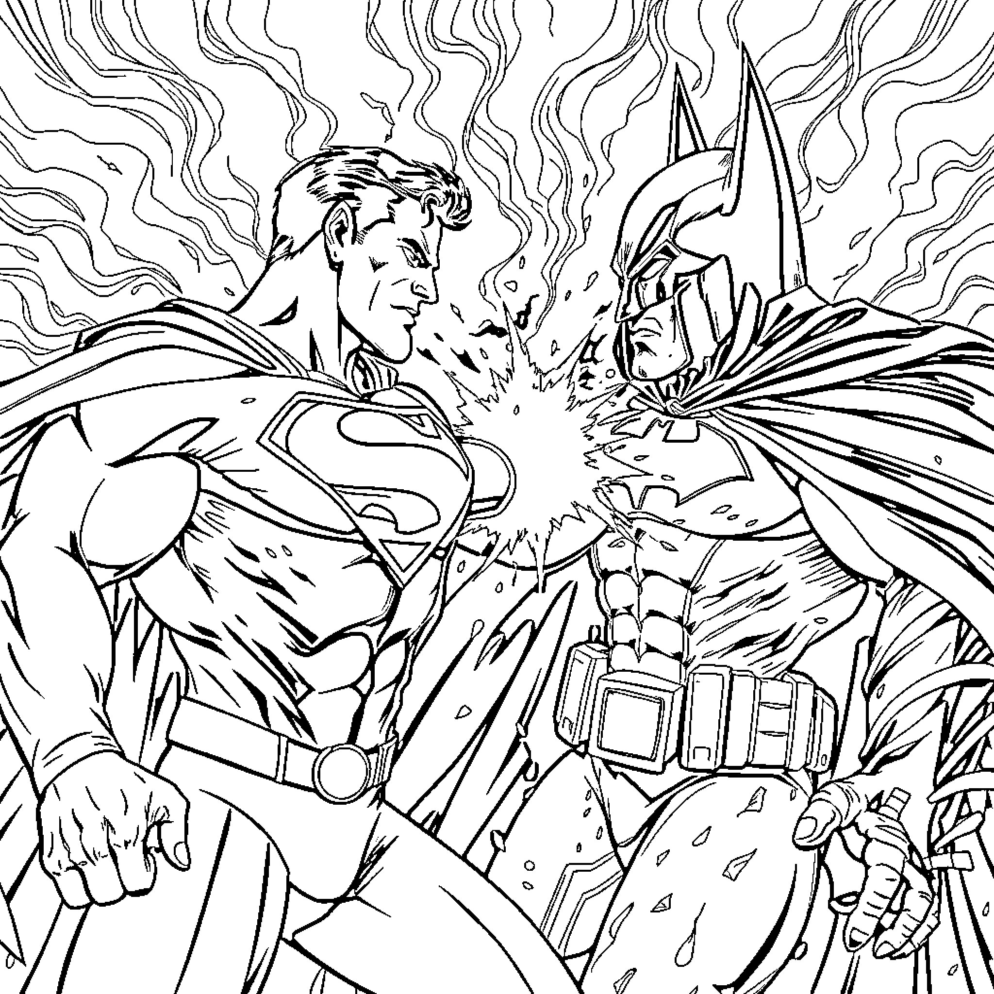 Superman and Batman in epic battle Coloring Page (free black-and-white line drawing printable PDF for all, from beginners to advanced learners, including children, teens, adults, and seniors)