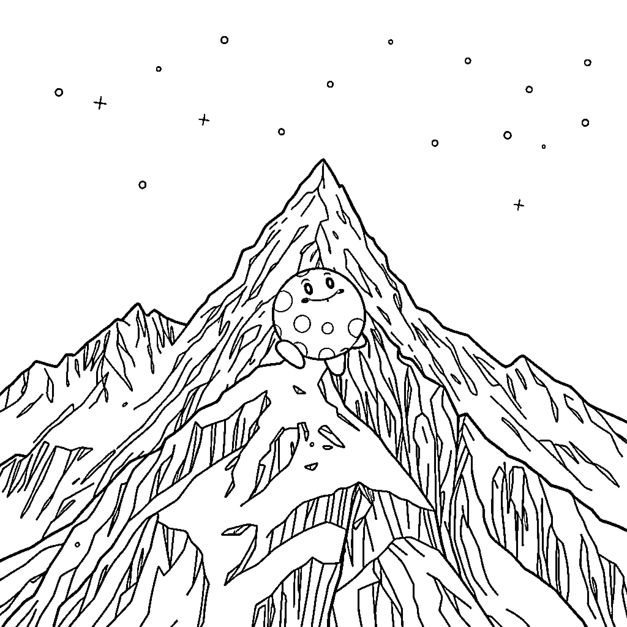 Mr Blobby atop a majestic mountain range Coloring Page (free black-and-white line drawing printable PDF for all, from beginners to advanced learners, including children, teens, adults, and seniors)