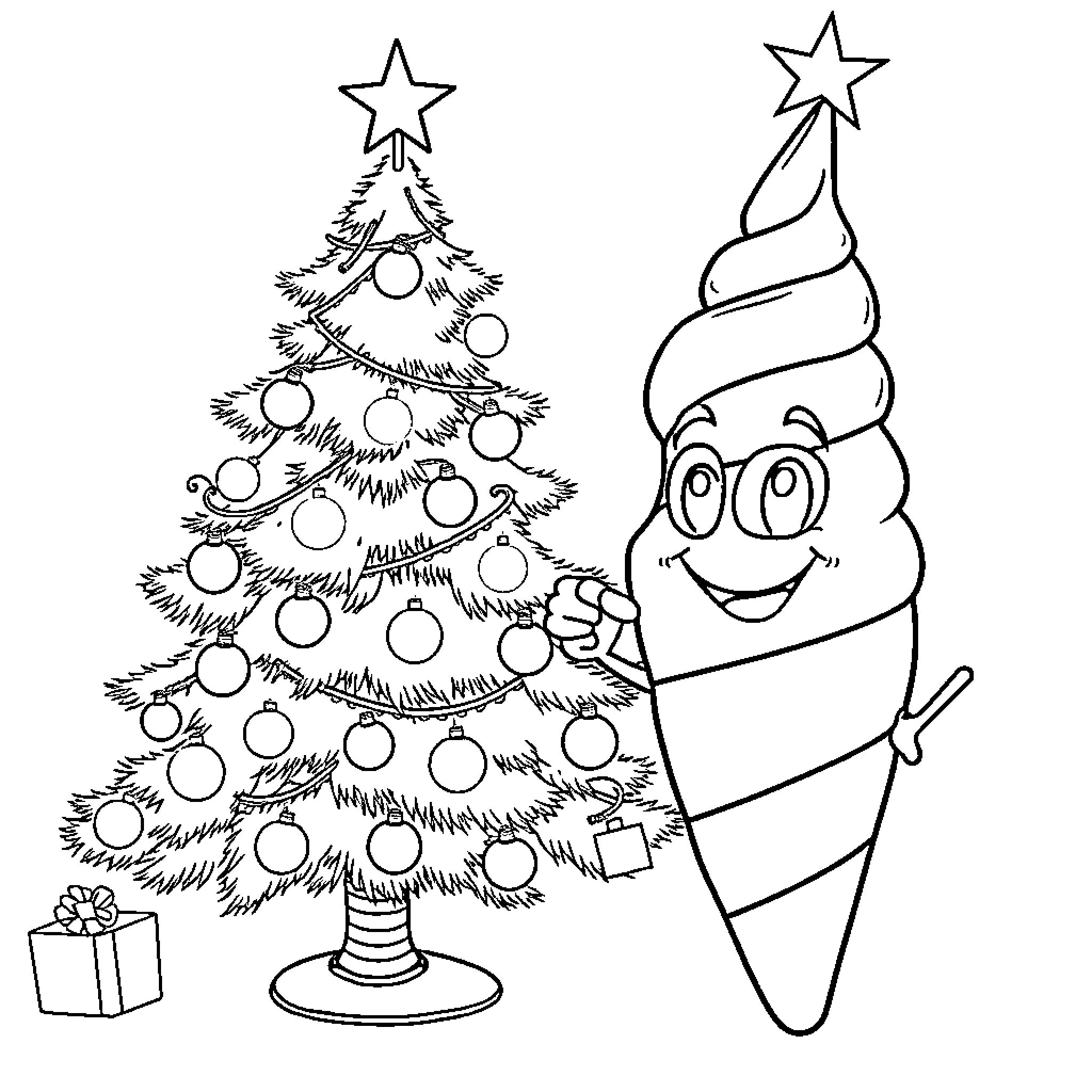 DQ Cone decorating a Christmas tree with gifts Coloring Page (free black-and-white line drawing printable PDF for all, from beginners to advanced learners, including children, teens, adults, and seniors)