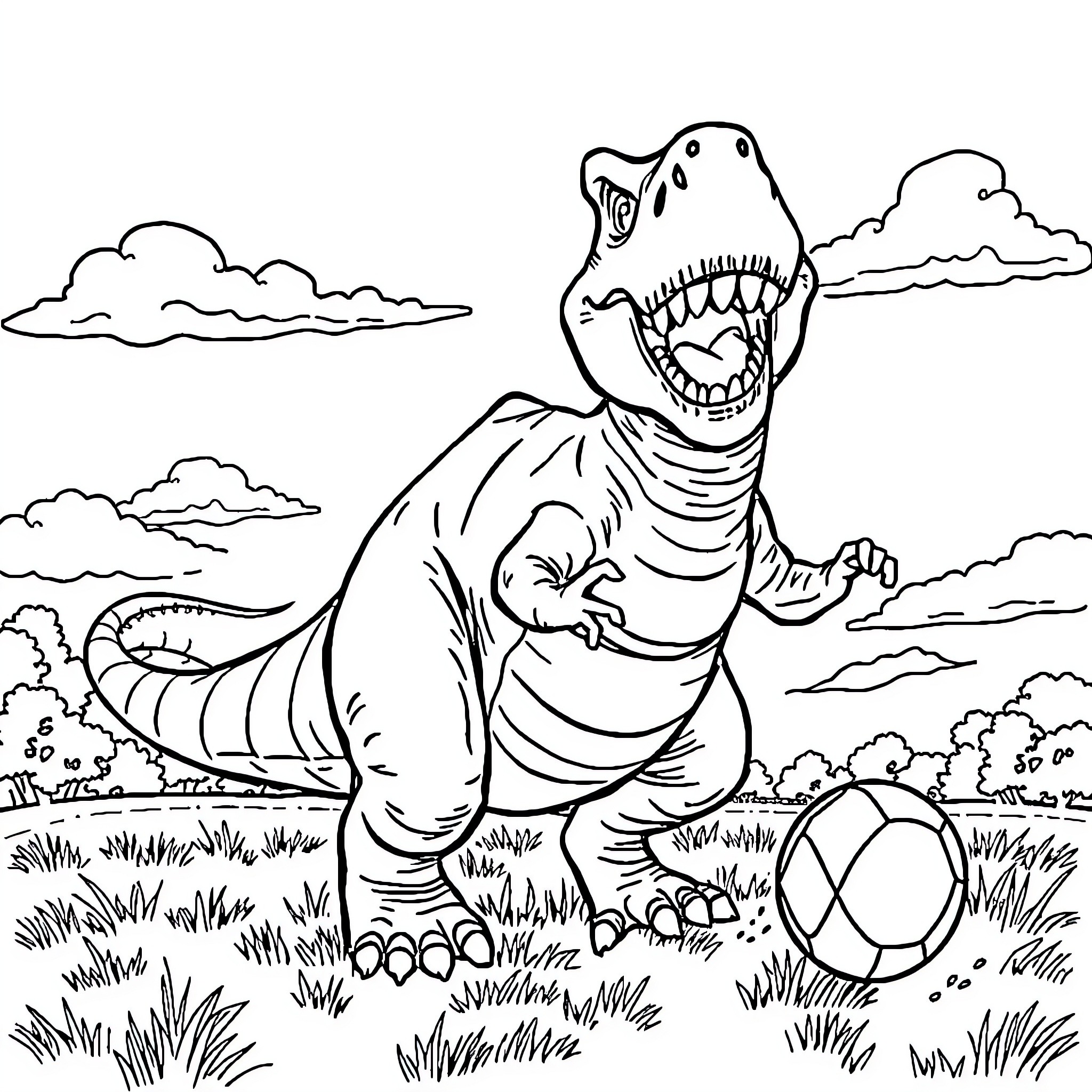 Dinosaur stomping and roaring in the wild Coloring Page (free black-and-white line drawing printable PDF for all, from beginners to advanced learners, including children, teens, adults, and seniors)