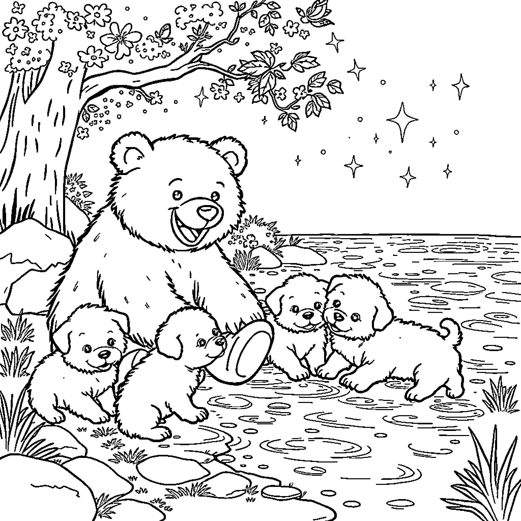 Bear and Cubs Frolicking in Enchanted Forest Coloring Page (free black-and-white line drawing printable PDF for all, from beginners to advanced learners, including children, teens, adults, and seniors)