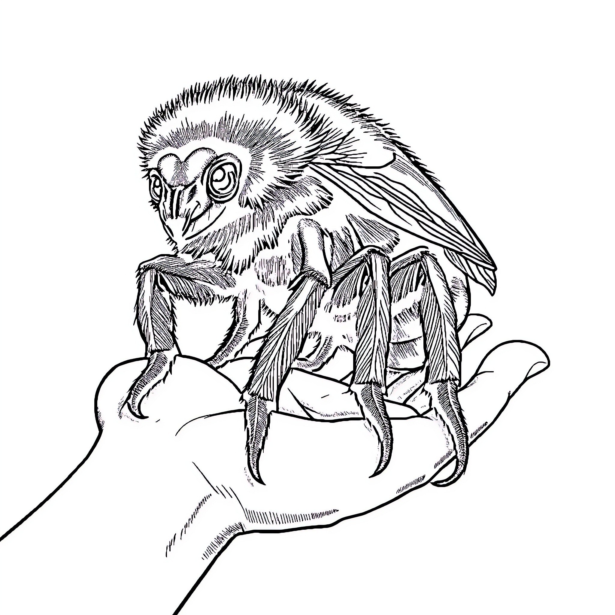 Tarantula with unusual features on hand Coloring Page (free black-and-white line drawing printable PDF for all, from beginners to advanced learners, including children, teens, adults, and seniors)
