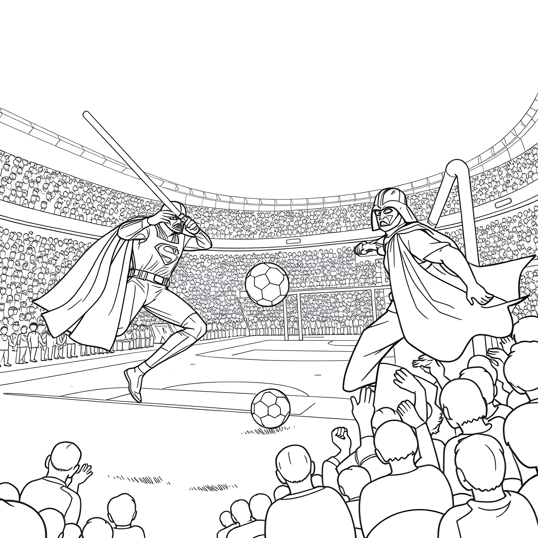 Darth Vader Duels Against Lightsaber-Wielding Opponent on Soccer Field Coloring Page (free black-and-white line drawing printable PDF for all, from beginners to advanced learners, including children, teens, adults, and seniors)